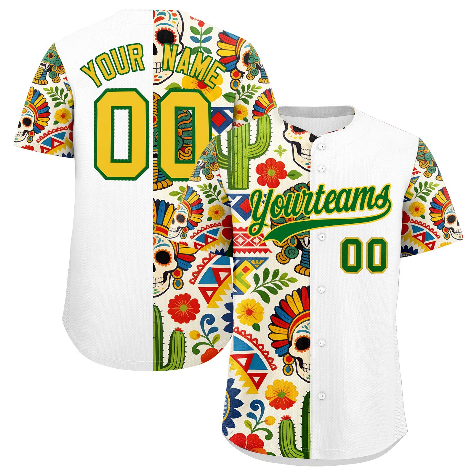 Custom White Kelly Green Gold Graffiti Pattern Mexican style Stretch Fabric Baseball Jersey| KXKSHOP