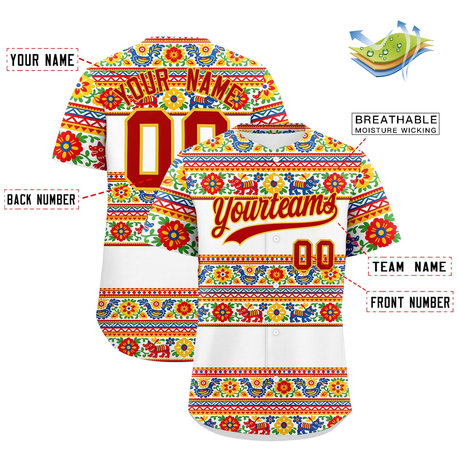Custom White Red Gold Graffiti Pattern Mexican style Stretch Fabric Baseball Jersey| KXKSHOP