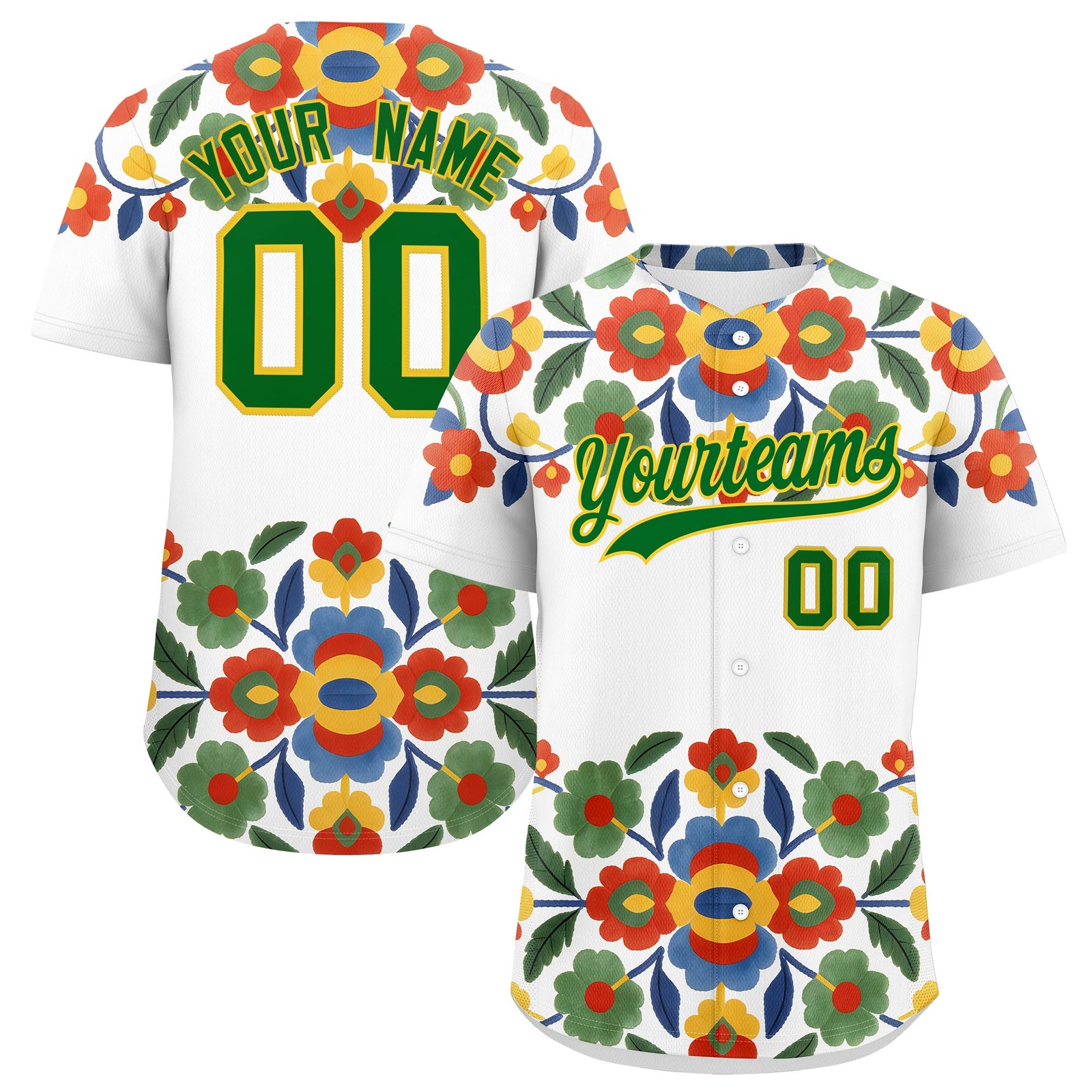 Custom White Kelly Green Gold Graffiti Pattern Mexican style Stretch Fabric Baseball Jersey| KXKSHOP
