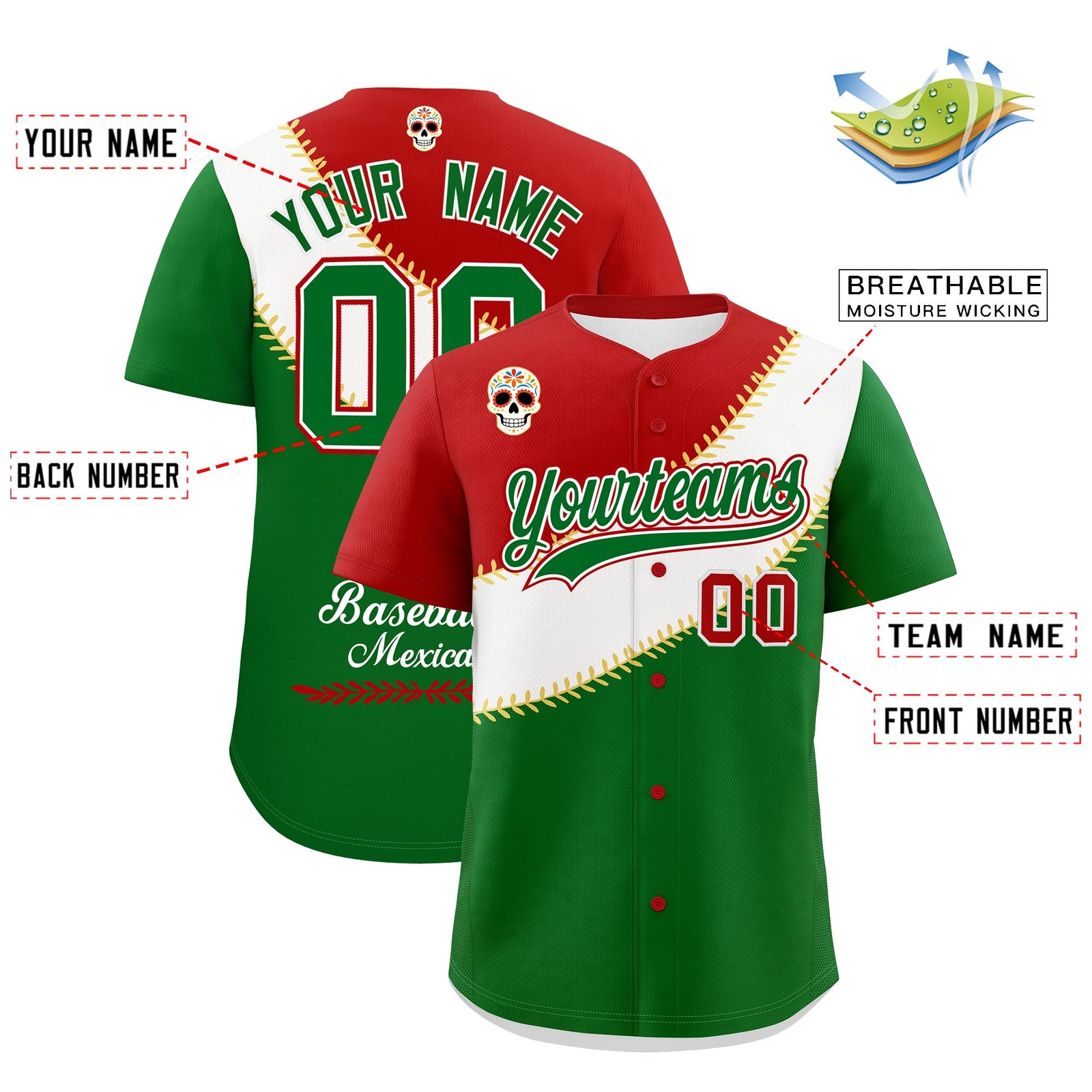 Custom Red White Kelly Green Graffiti Pattern Mexican style Stretch Fabric Baseball Jersey| KXKSHOP