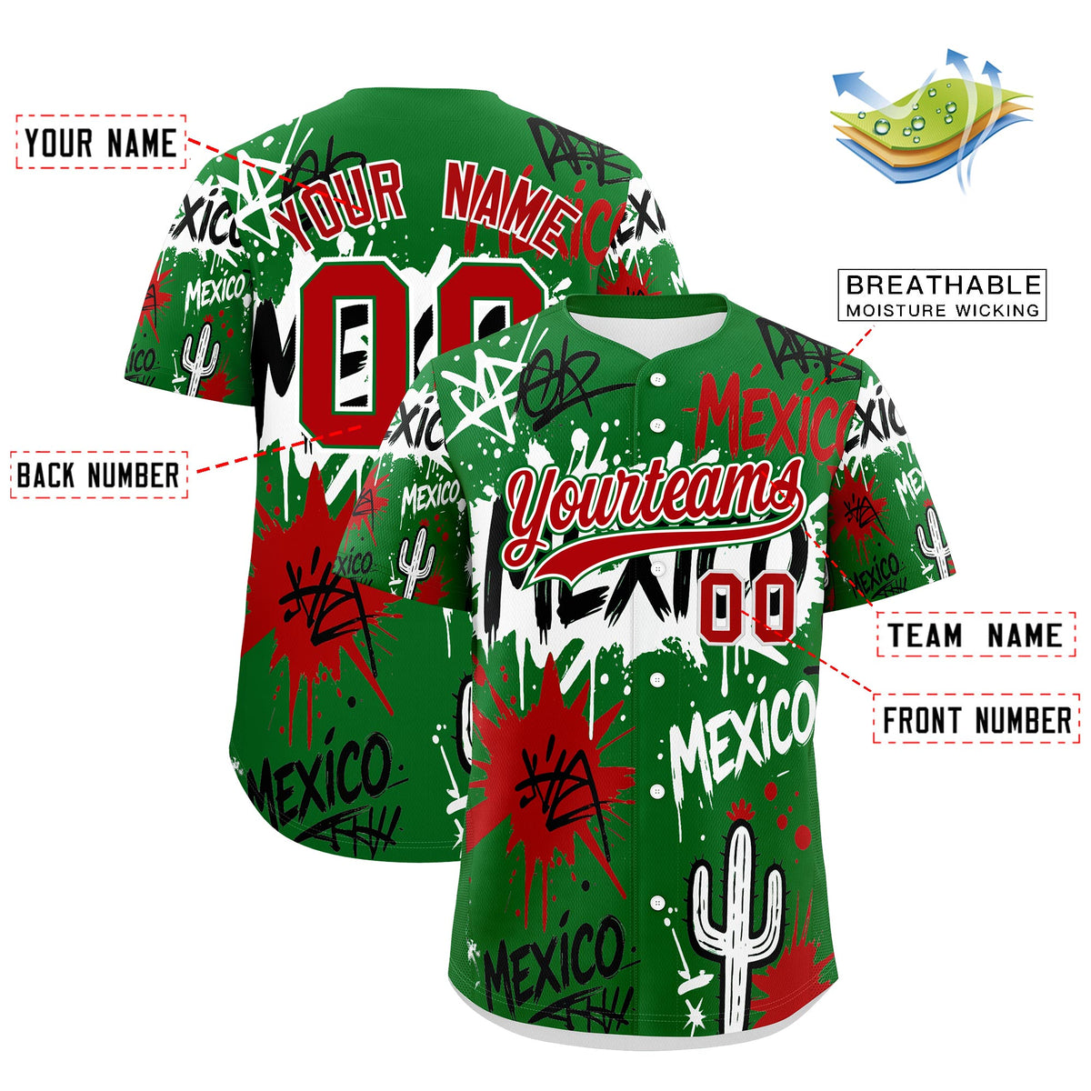 Custom Kelly Green Red White Graffiti Pattern Mexican style Stretch Fabric Baseball Jersey| KXKSHOP