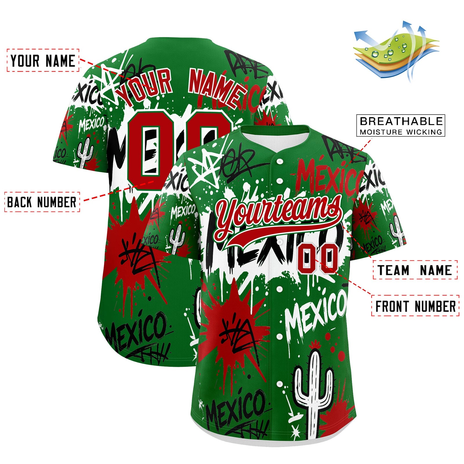 Custom Kelly Green Red White Graffiti Pattern Mexican style Stretch Fabric Baseball Jersey| KXKSHOP
