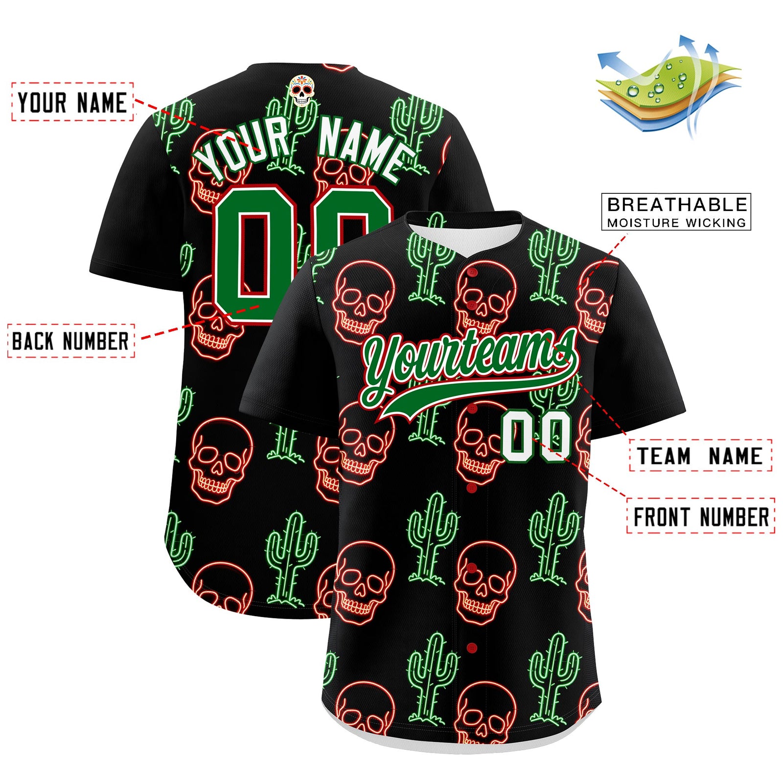 Custom Black Kelly Green White Graffiti Pattern Mexican style Stretch Fabric Baseball Jersey| KXKSHOP