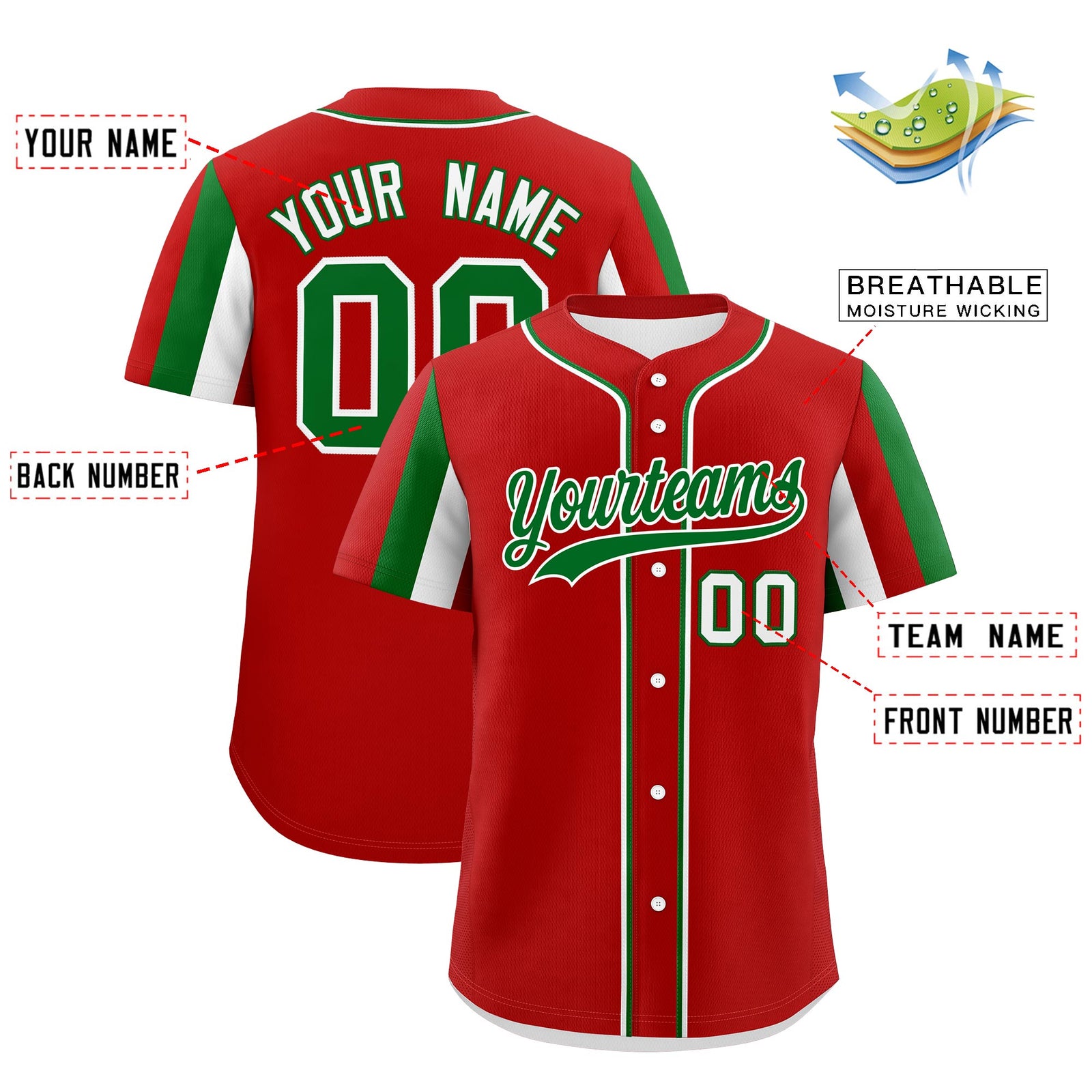 Custom Red Kelly Green White Graffiti Pattern Mexican style Stretch Fabric Baseball Jersey| KXKSHOP