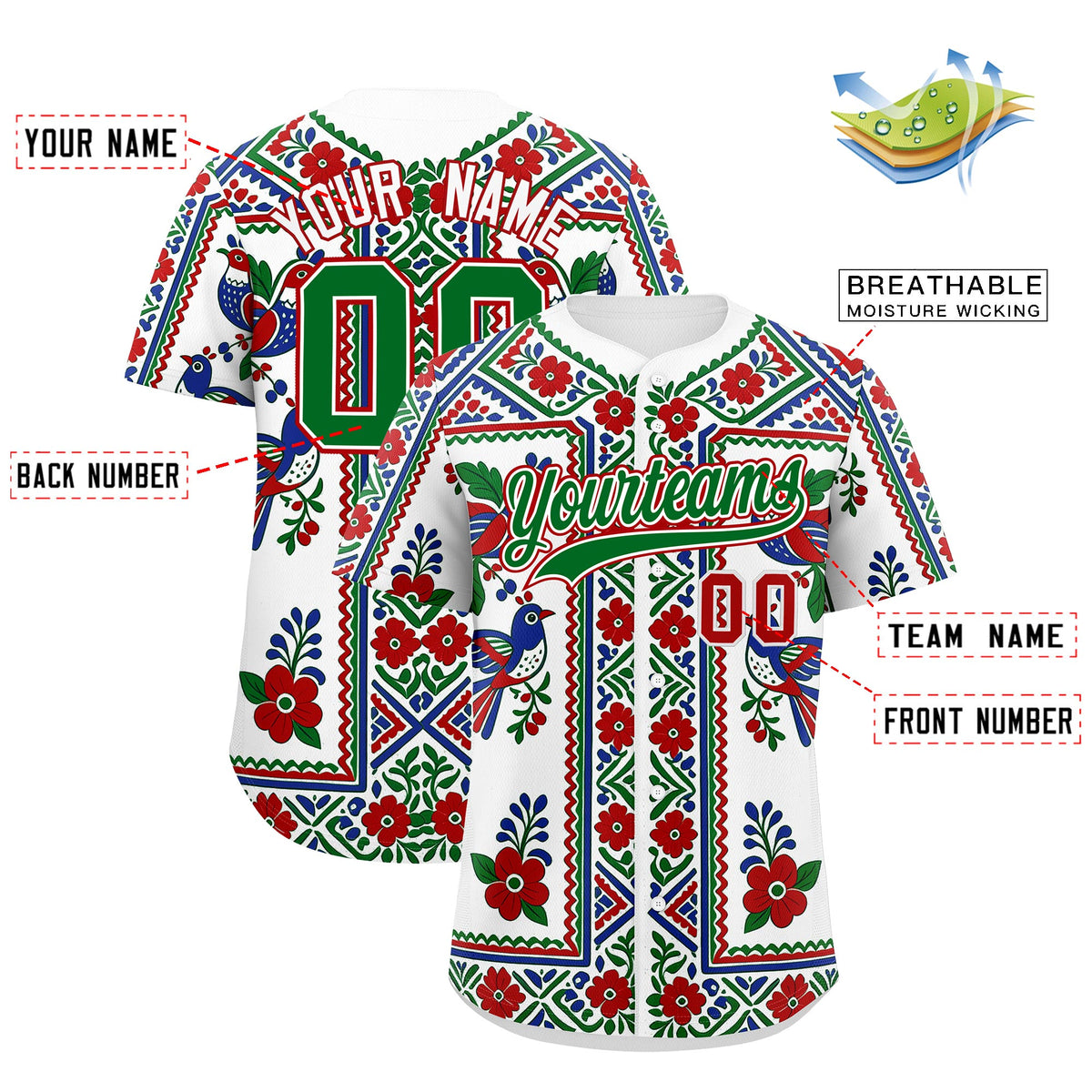 Custom White Kelly Green Red Graffiti Pattern Mexican style Stretch Fabric Baseball Jersey| KXKSHOP