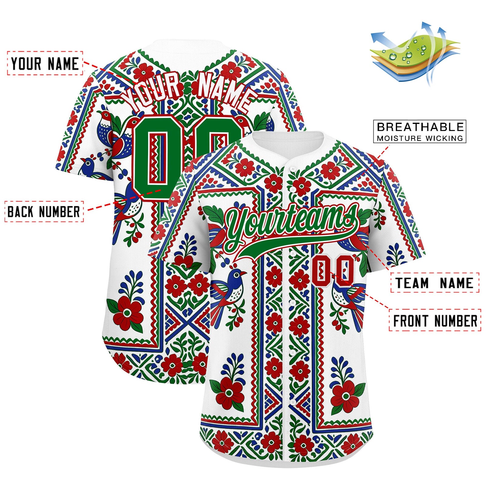 Custom White Kelly Green Red Graffiti Pattern Mexican style Stretch Fabric Baseball Jersey| KXKSHOP
