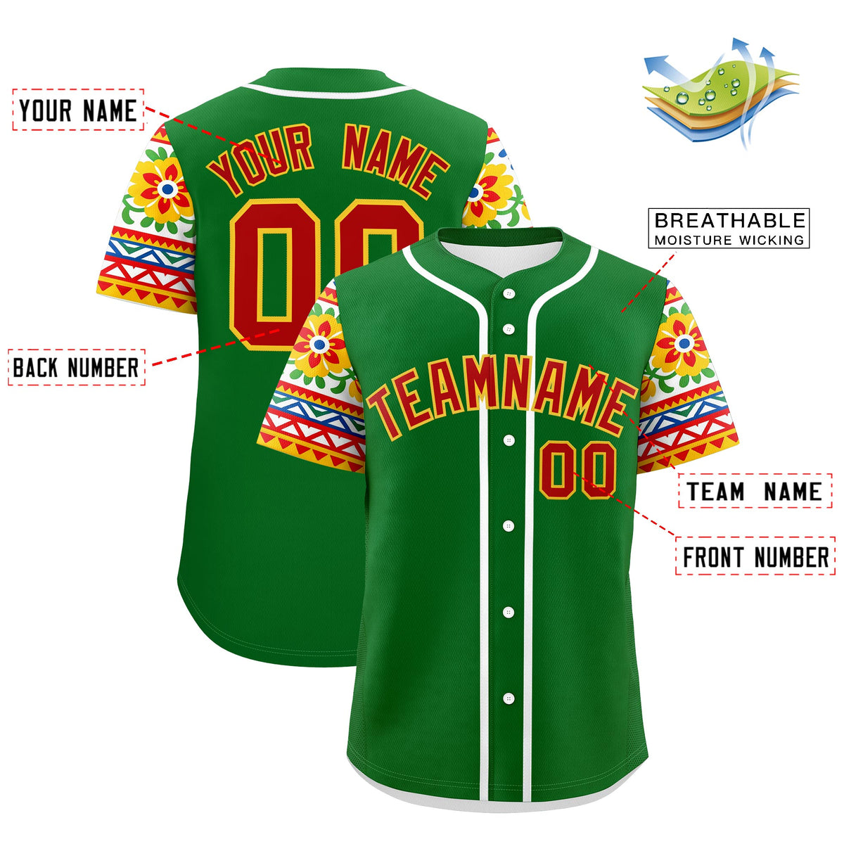 Custom Kelly Green Red Gold Graffiti Pattern Mexican style Stretch Fabric Baseball Jersey| KXKSHOP