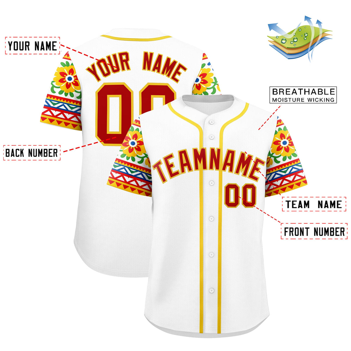 Custom White Red Gold Graffiti Pattern Mexican style Stretch Fabric Baseball Jersey| KXKSHOP