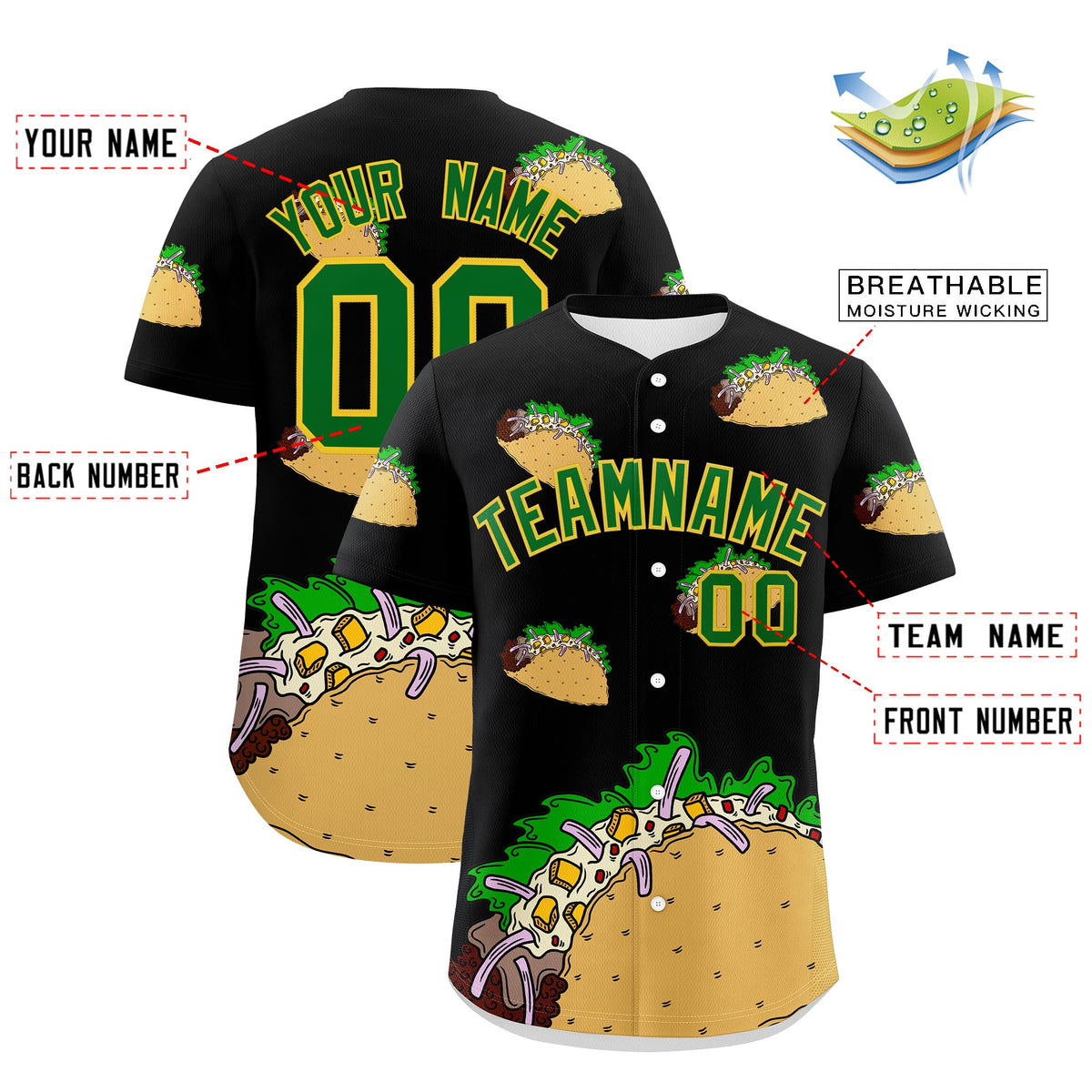 Custom Black Kelly Green Gold Graffiti Pattern Mexican style Stretch Fabric Baseball Jersey| KXKSHOP