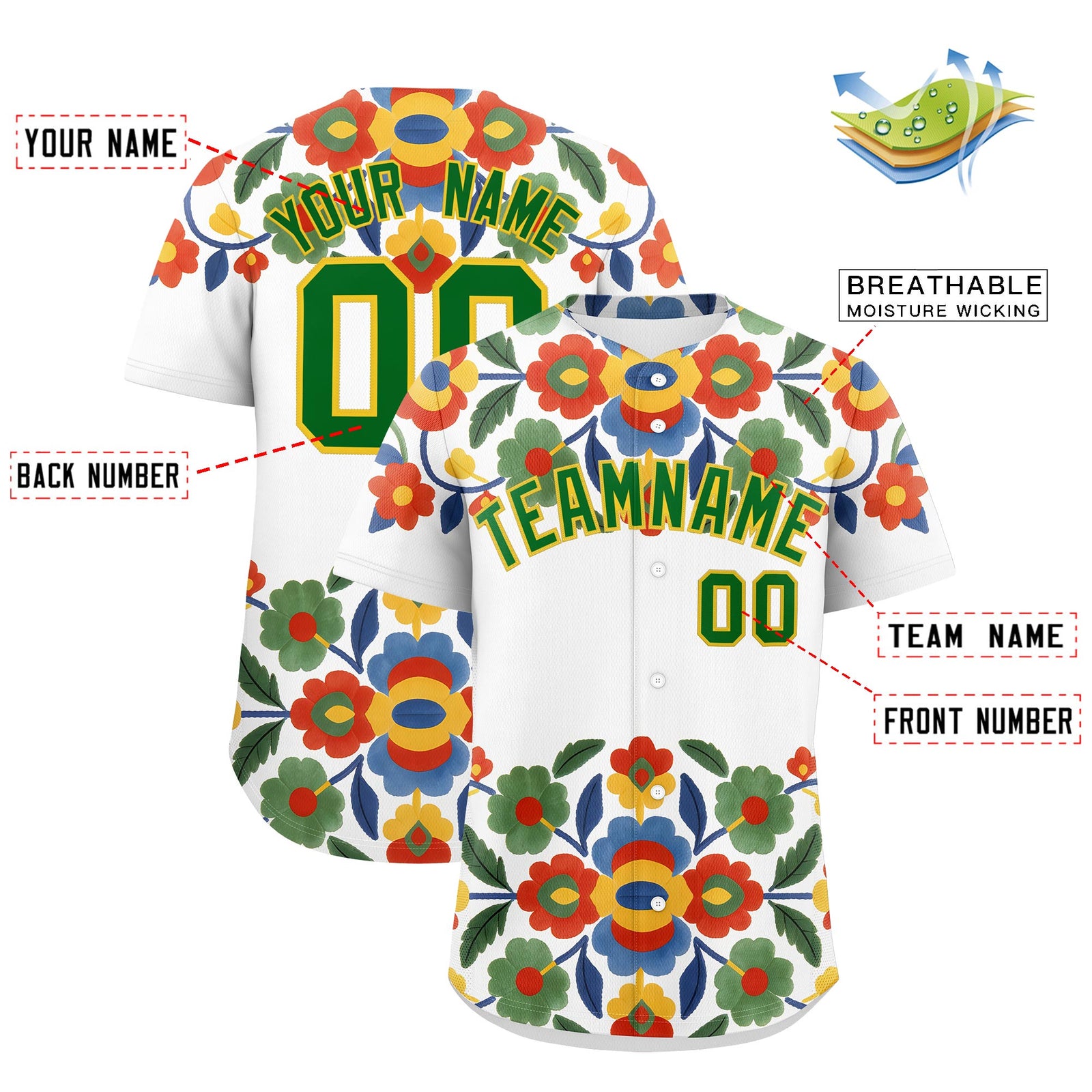 Custom White Kelly Green Gold Graffiti Pattern Mexican style Stretch Fabric Baseball Jersey| KXKSHOP