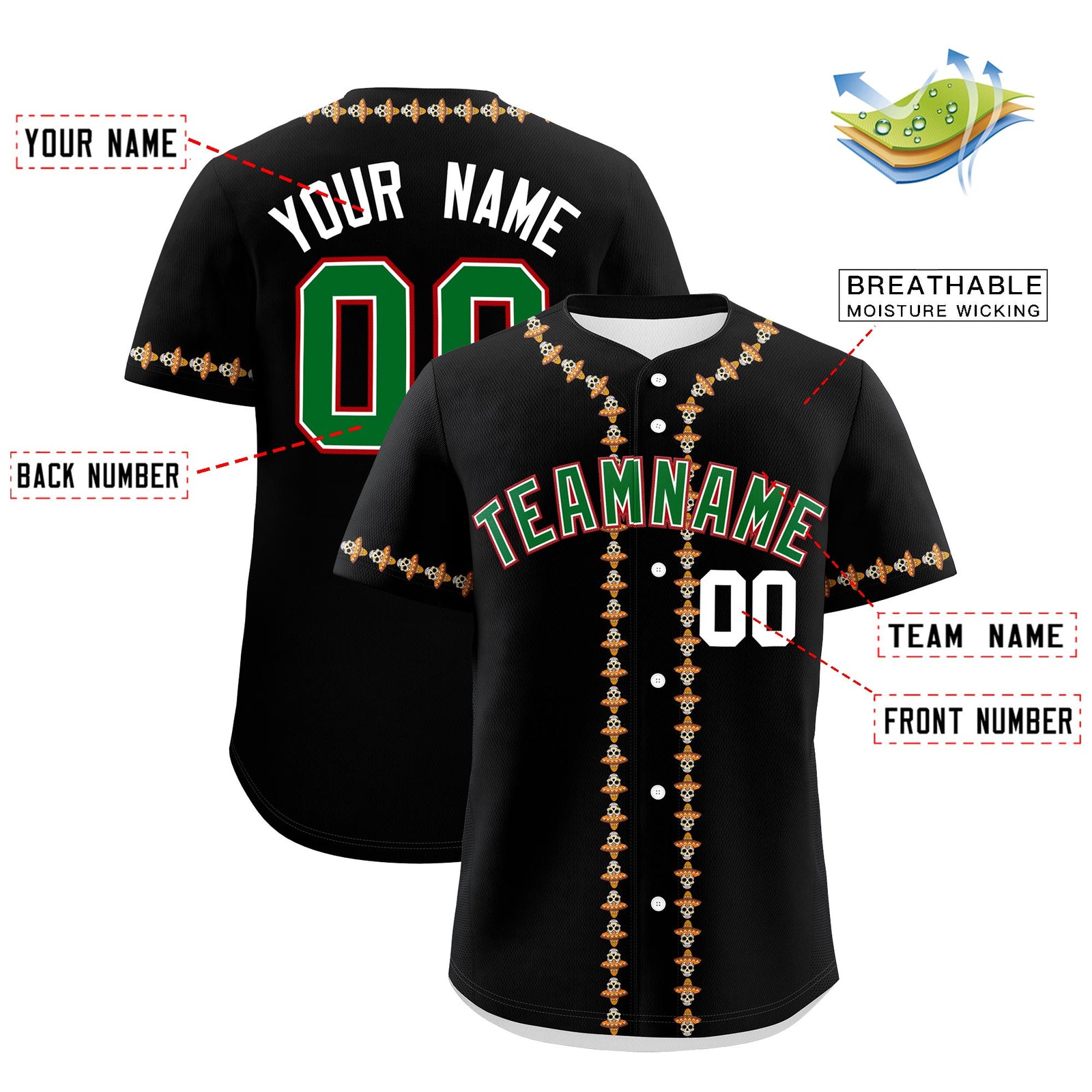 Custom Black Kelly Green White Graffiti Pattern Mexican style Stretch Fabric Baseball Jersey| KXKSHOP