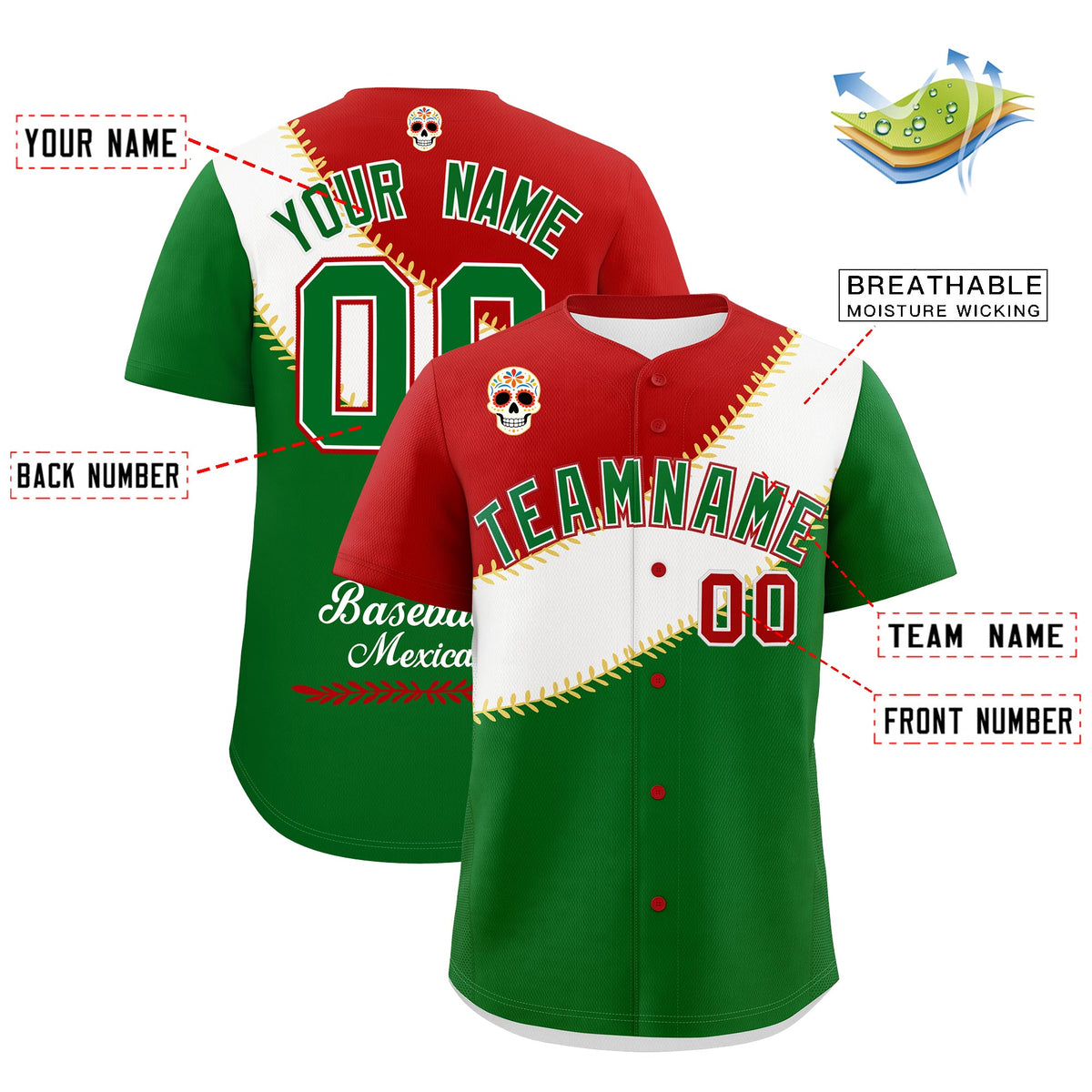Custom Red White Kelly Green Graffiti Pattern Mexican style Stretch Fabric Baseball Jersey| KXKSHOP
