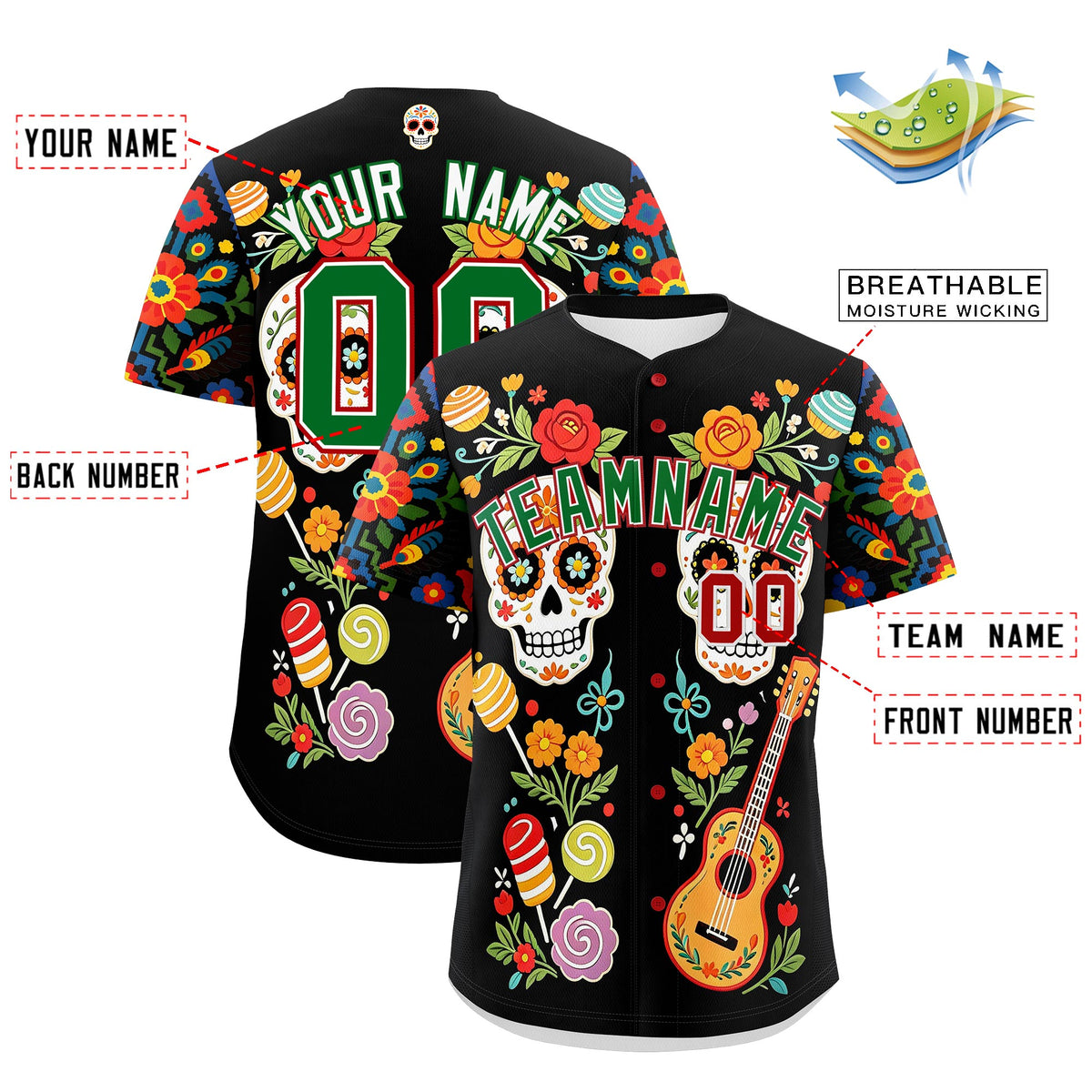 Custom Black Kelly Green White Graffiti Pattern Mexican style Stretch Fabric Baseball Jersey| KXKSHOP