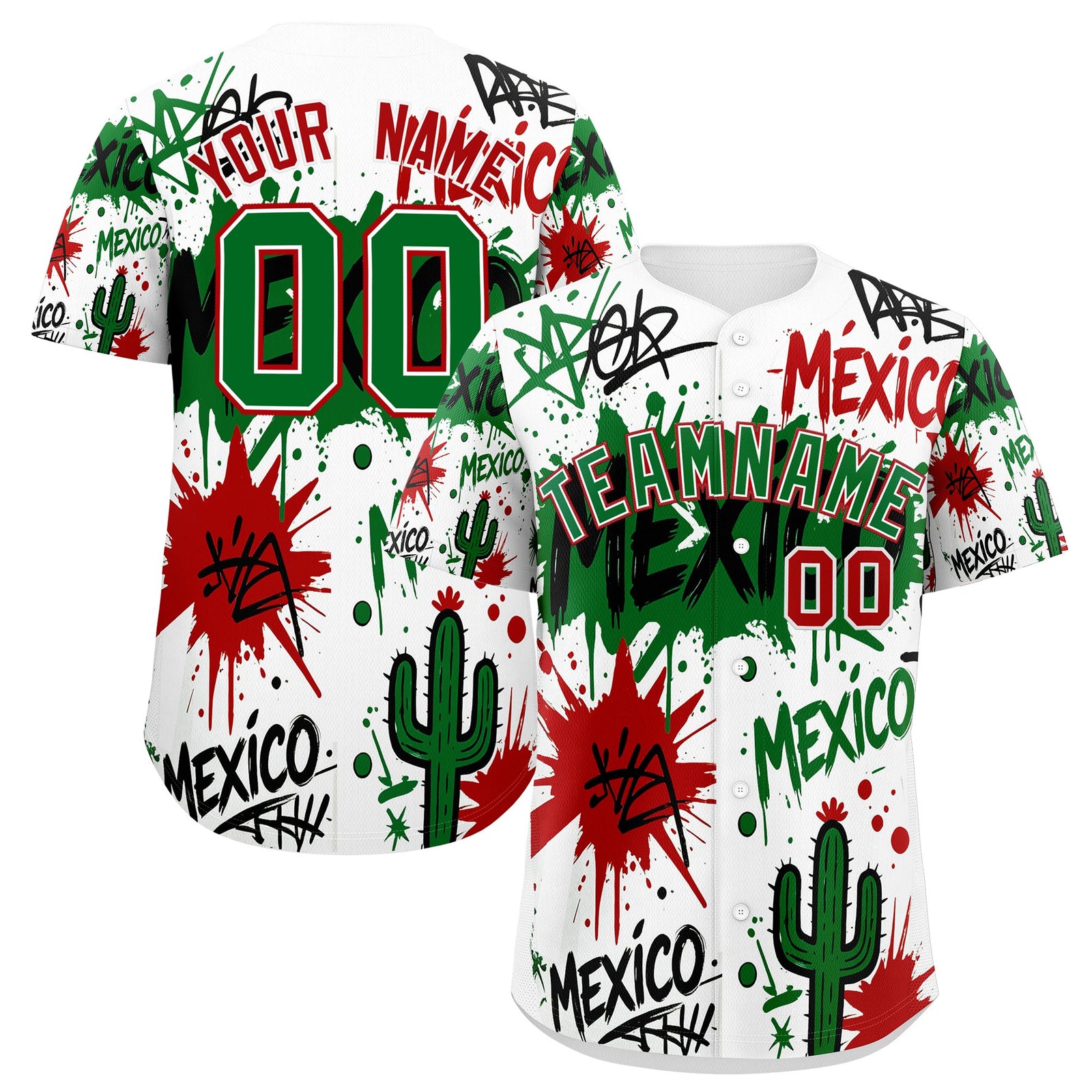Custom White Kelly Green Red Graffiti Pattern Mexican style Stretch Fabric Baseball Jersey| KXKSHOP