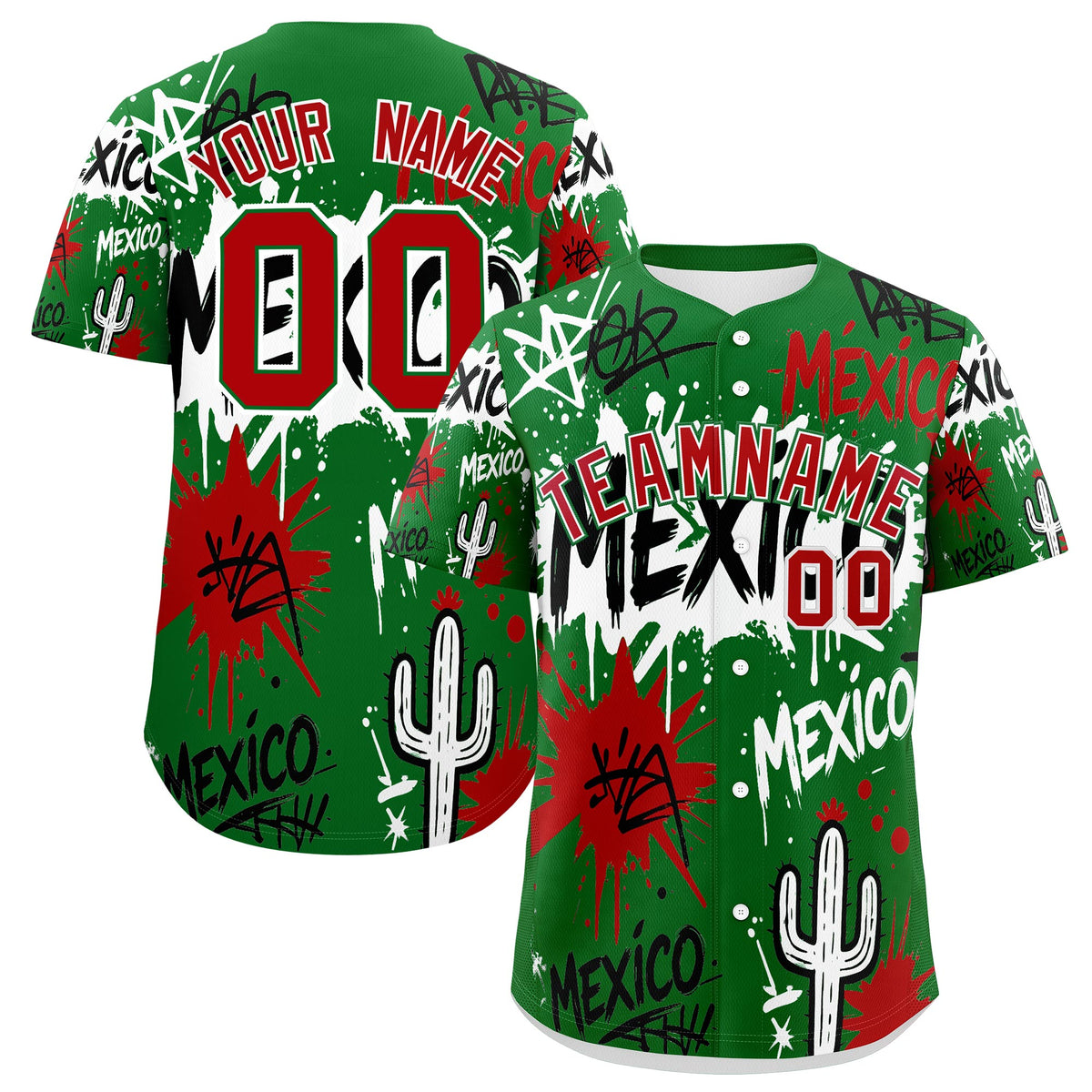 Custom Kelly Green Red White Graffiti Pattern Mexican style Stretch Fabric Baseball Jersey| KXKSHOP