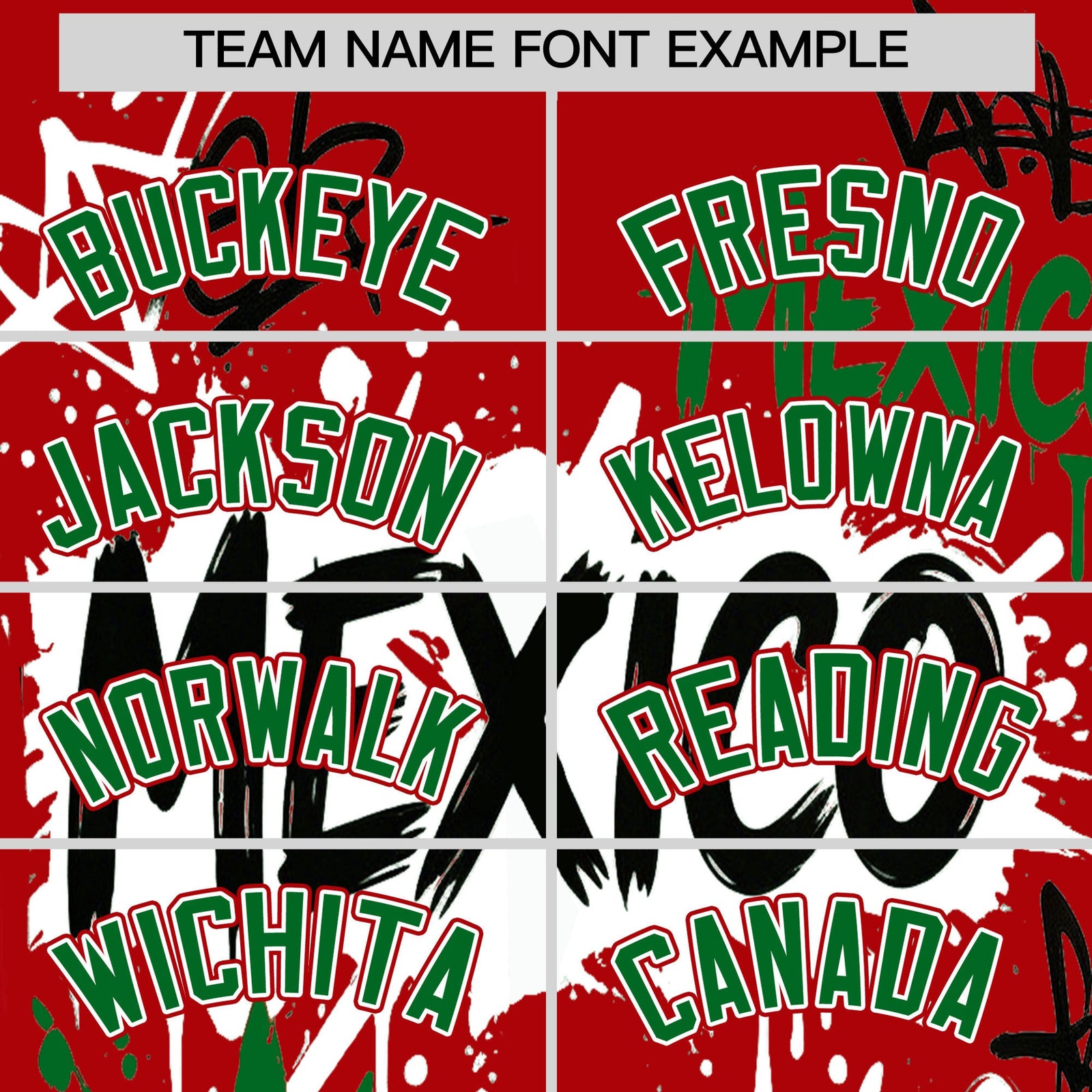 Custom Red Kelly Green White Graffiti Pattern Mexican style Stretch Fabric Baseball Jersey| KXKSHOP