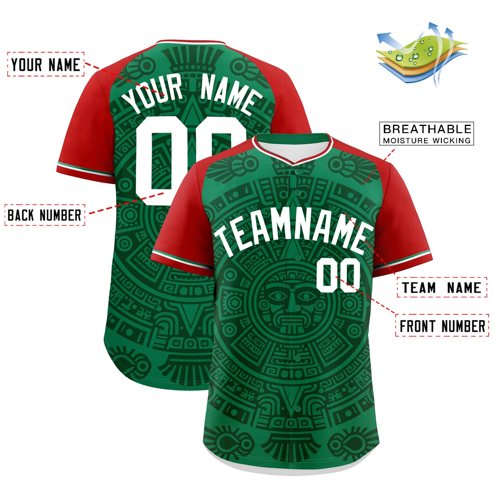 Custom Kelly Green Dark Green Red Graffiti Pattern Mexican style Stretch Fabric Baseball Jersey| KXKSHOP