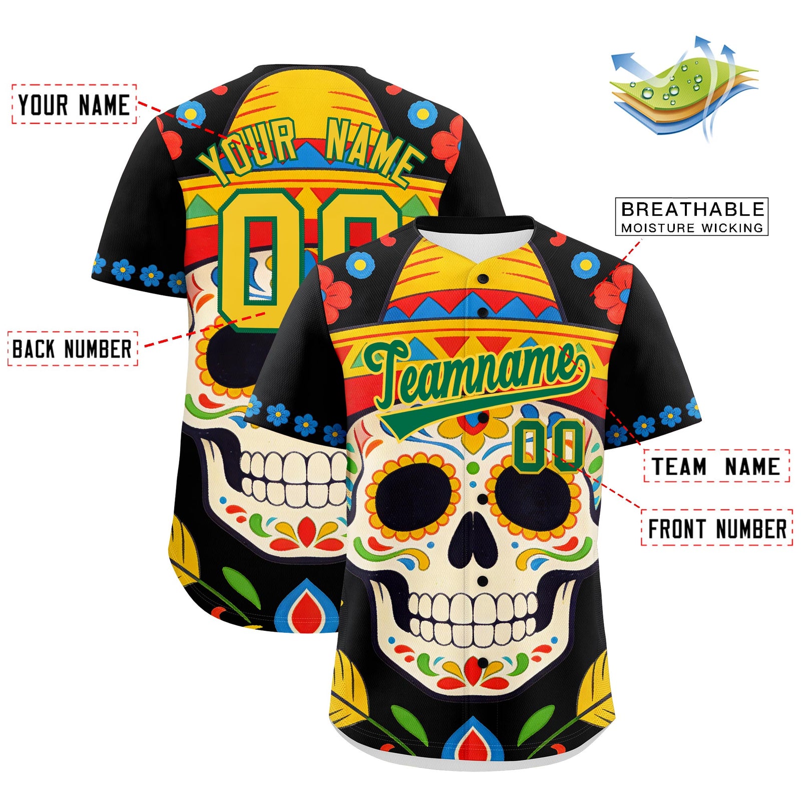 Custom Black Kelly Green Gold Graffiti Pattern Mexican style Stretch Fabric Baseball Jersey| KXKSHOP