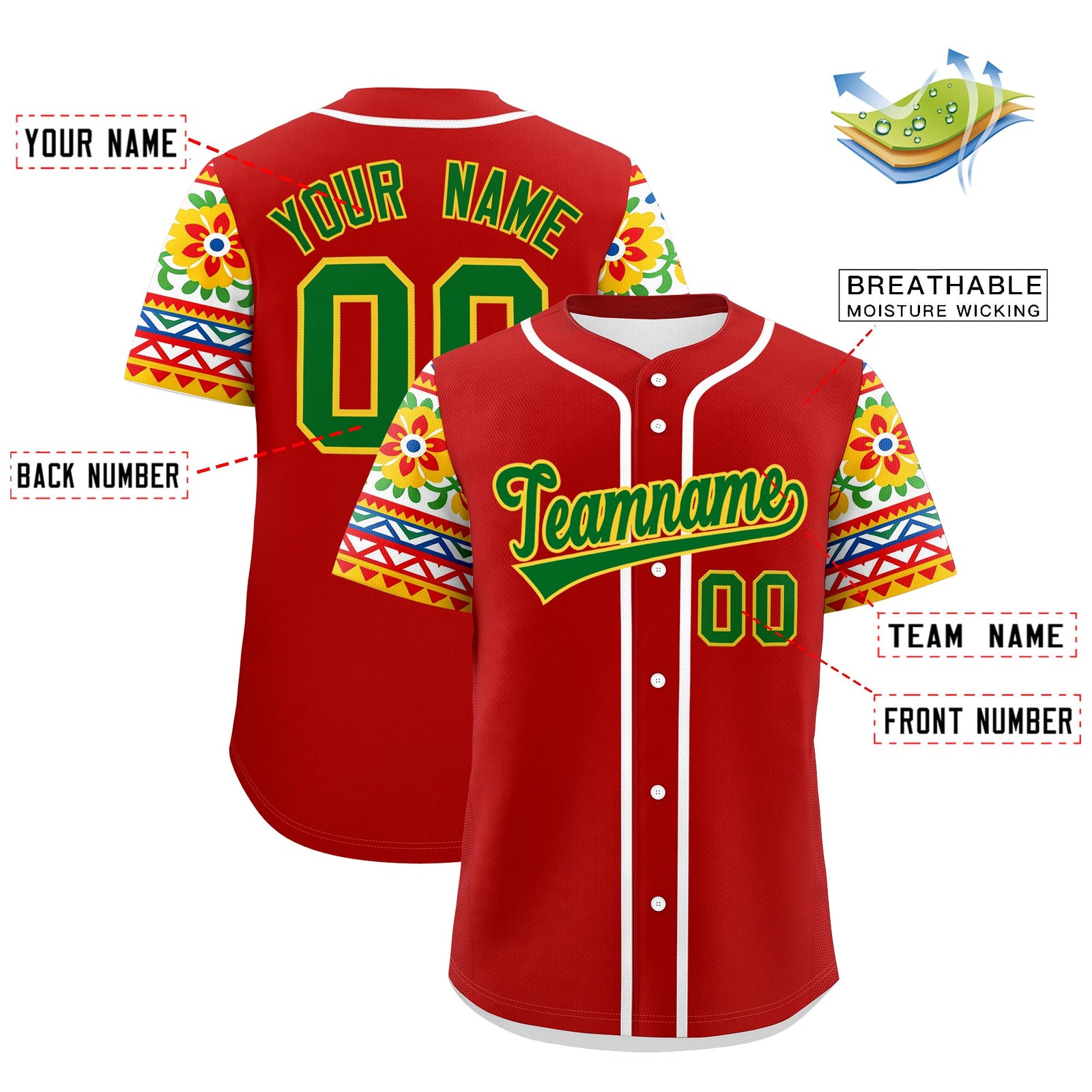 Custom Red Kelly Green Gold Graffiti Pattern Mexican style Stretch Fabric Baseball Jersey| KXKSHOP