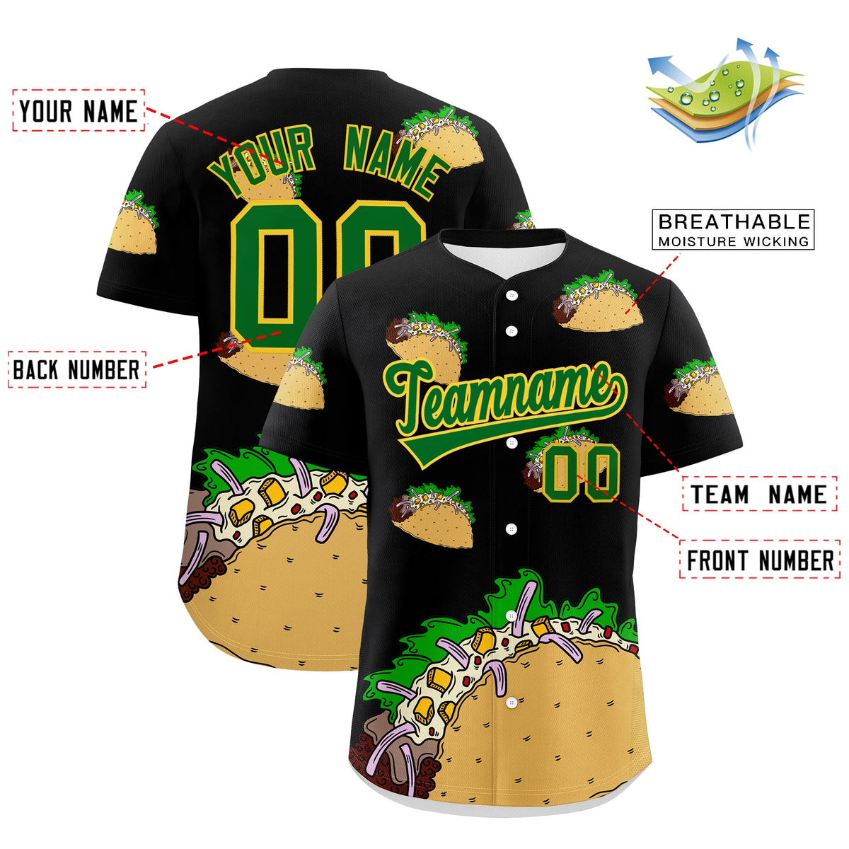 Custom Black Kelly Green Gold Graffiti Pattern Mexican style Stretch Fabric Baseball Jersey| KXKSHOP