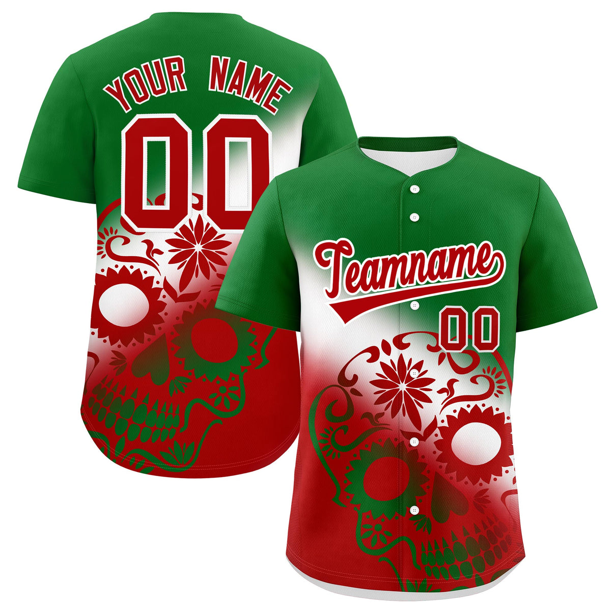 Custom Kelly Green White Red Graffiti Pattern Mexican style Stretch Fabric Baseball Jersey| KXKSHOP