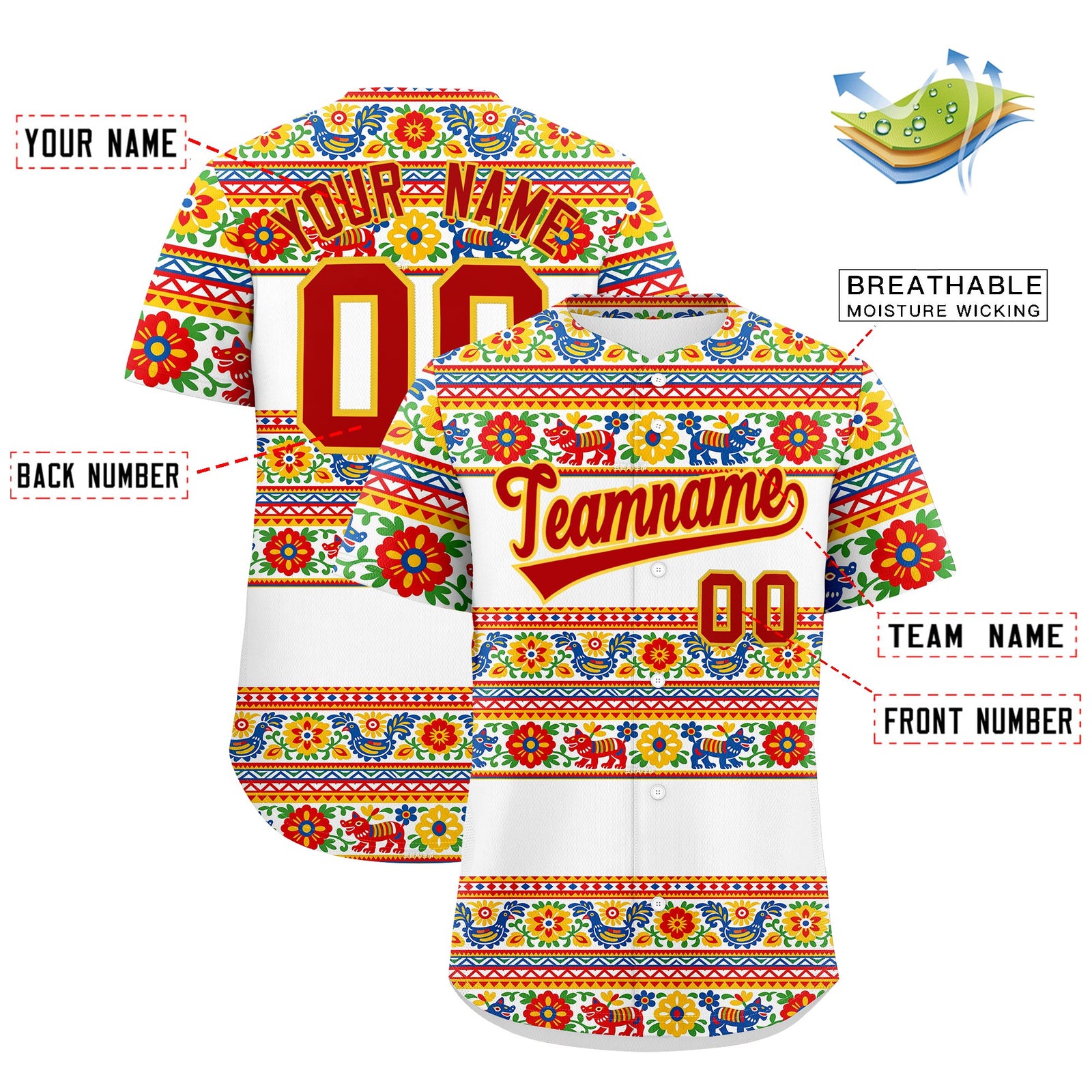 Custom White Red Gold Graffiti Pattern Mexican style Stretch Fabric Baseball Jersey| KXKSHOP