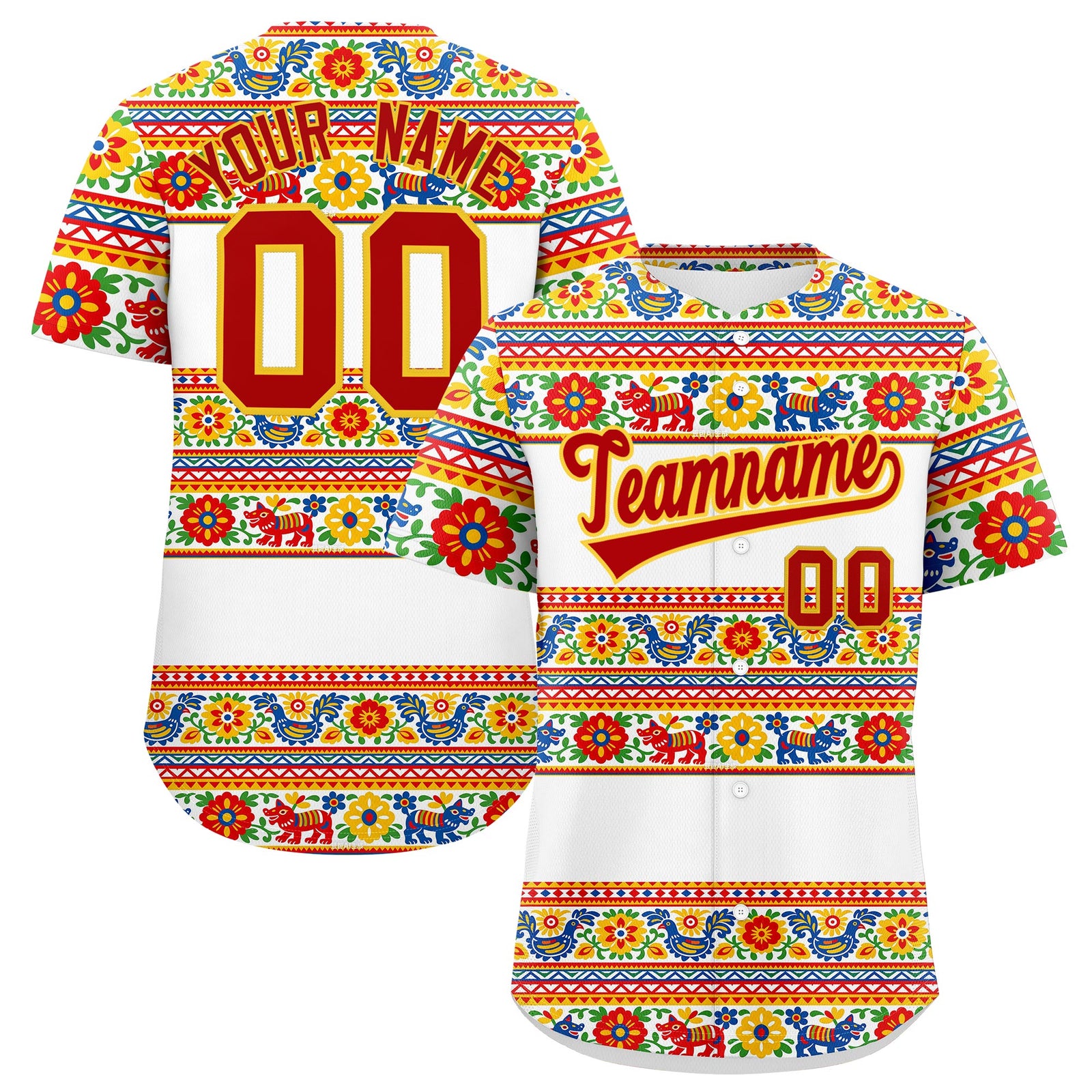 Custom White Red Gold Graffiti Pattern Mexican style Stretch Fabric Baseball Jersey| KXKSHOP