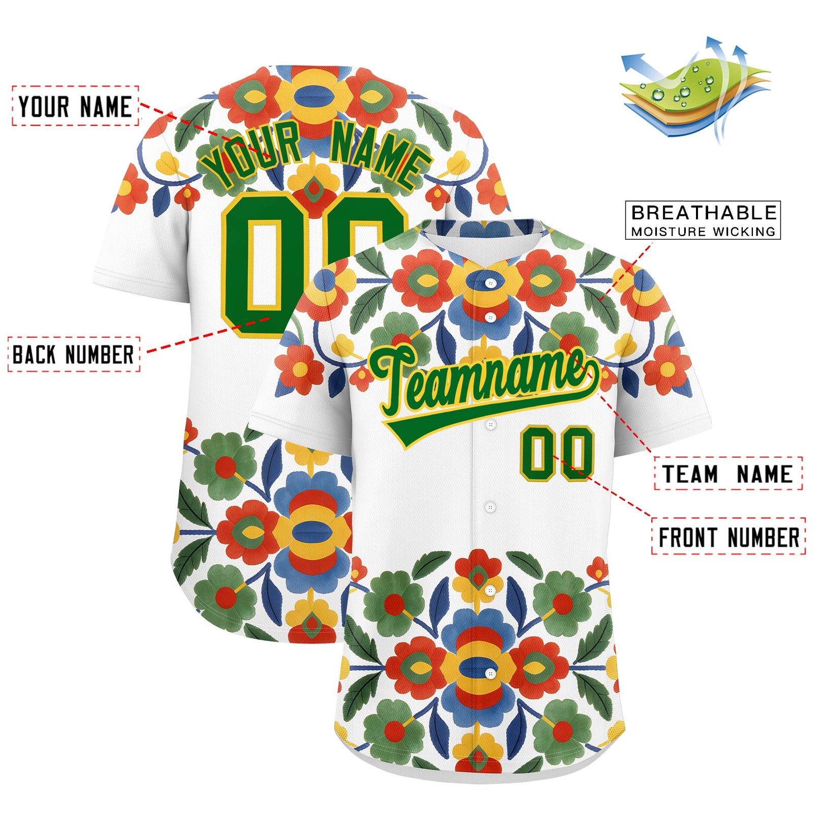 Custom White Kelly Green Gold Graffiti Pattern Mexican style Stretch Fabric Baseball Jersey| KXKSHOP