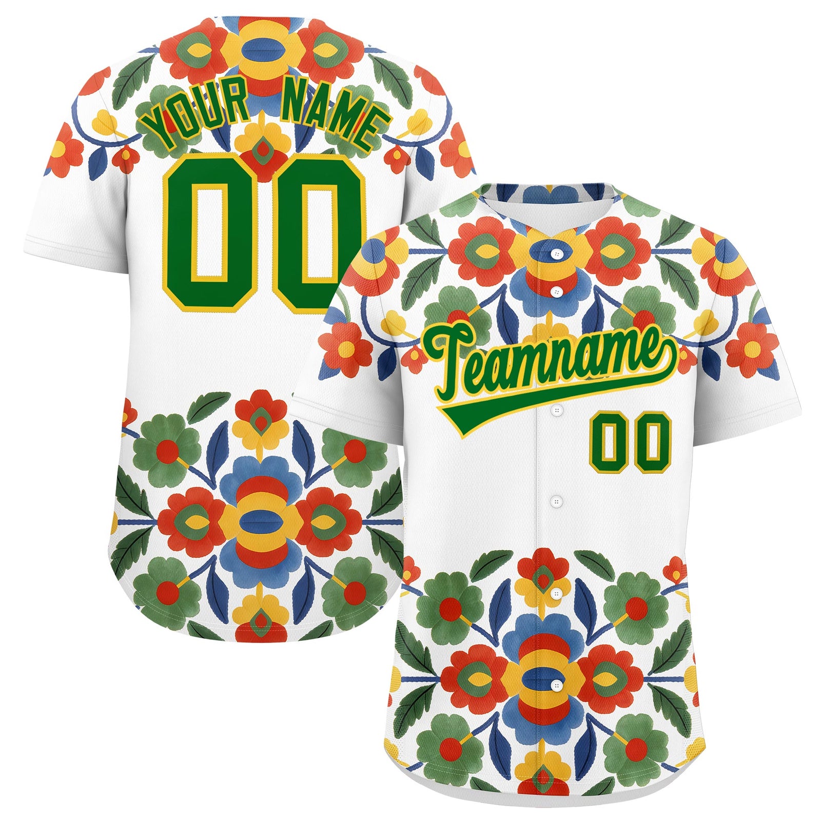 Custom White Kelly Green Gold Graffiti Pattern Mexican style Stretch Fabric Baseball Jersey| KXKSHOP