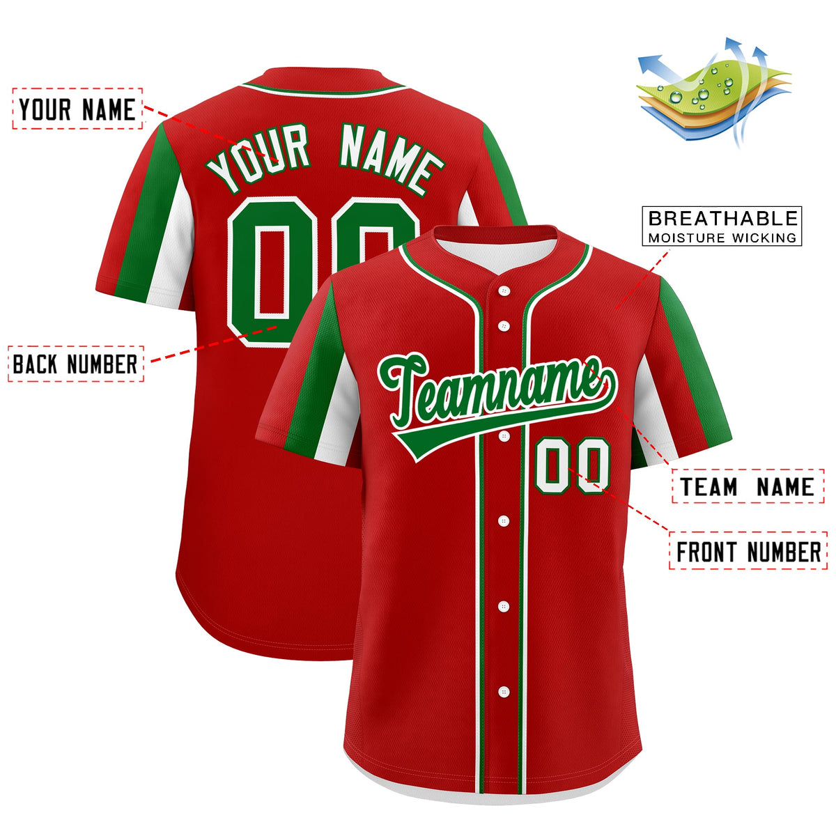 Custom Red Kelly Green White Graffiti Pattern Mexican style Stretch Fabric Baseball Jersey| KXKSHOP