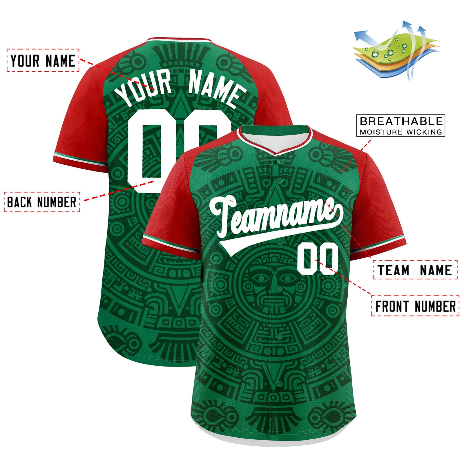 Custom Kelly Green Dark Green Red Graffiti Pattern Mexican style Stretch Fabric Baseball Jersey| KXKSHOP