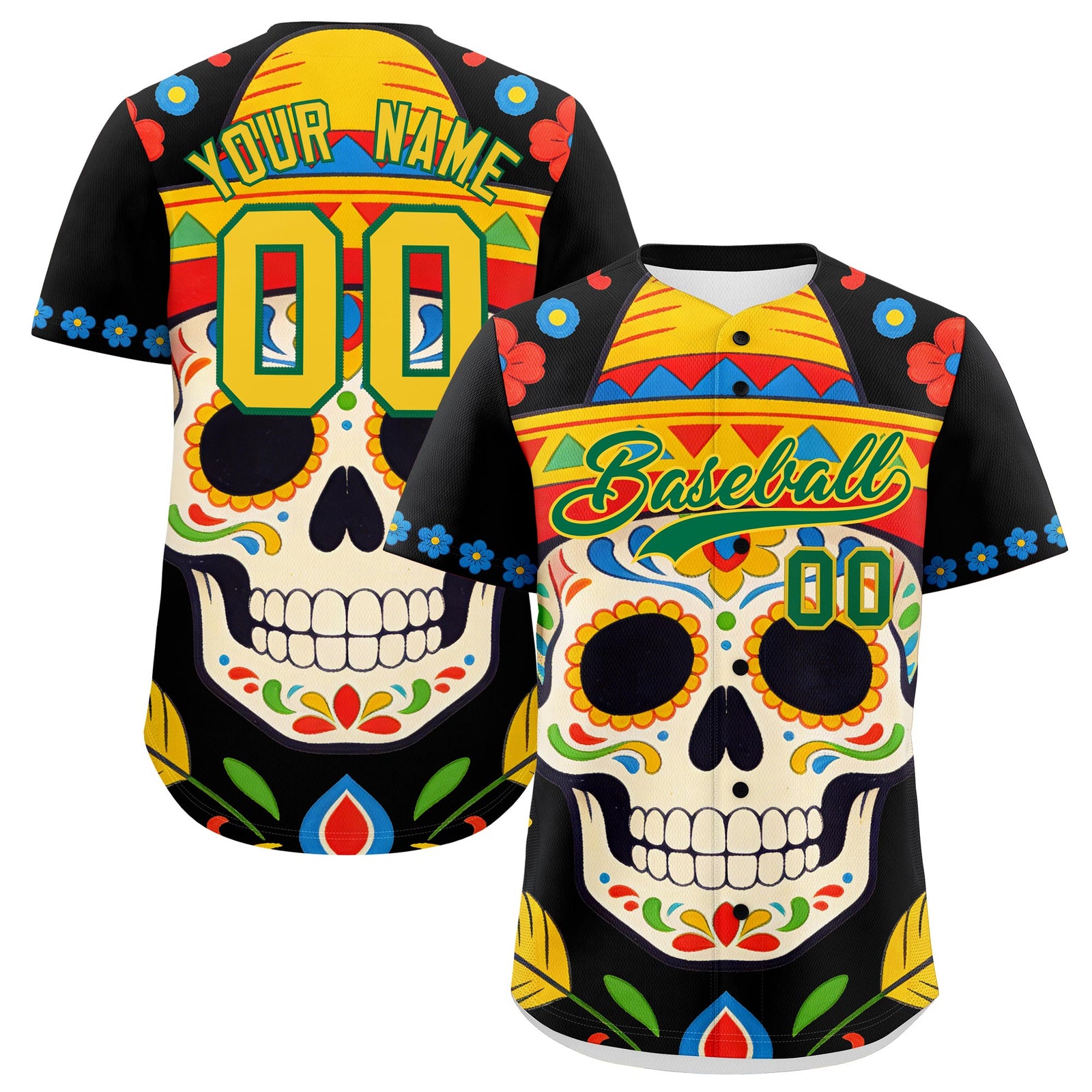Custom Black Kelly Green Gold Graffiti Pattern Mexican style Stretch Fabric Baseball Jersey| KXKSHOP