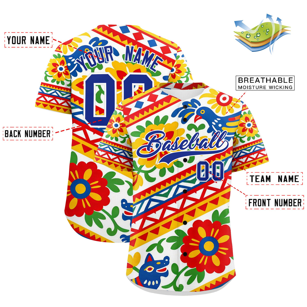 Custom White Royal Blue Graffiti Pattern Mexican style Stretch Fabric Baseball Jersey| KXKSHOP