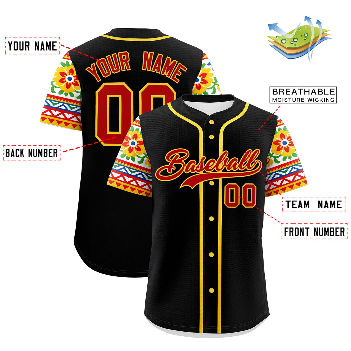 Custom Black Red Gold Graffiti Pattern Mexican style Stretch Fabric Baseball Jersey| KXKSHOP