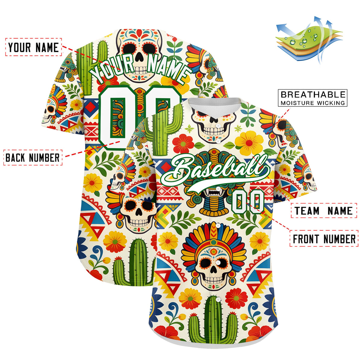 Custom White Kelly Green Graffiti Pattern Mexican style Stretch Fabric Baseball Jersey| KXKSHOP