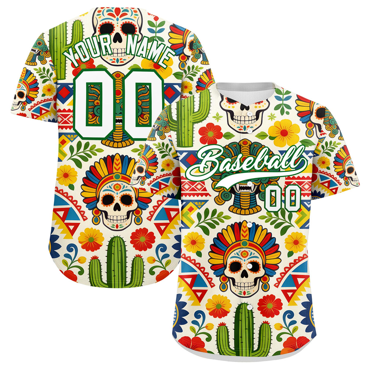 Custom White Kelly Green Graffiti Pattern Mexican style Stretch Fabric Baseball Jersey| KXKSHOP