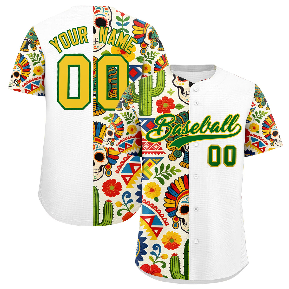 Custom White Kelly Green Gold Graffiti Pattern Mexican style Stretch Fabric Baseball Jersey| KXKSHOP
