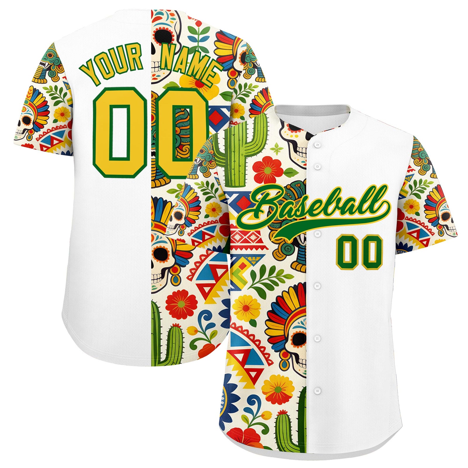 Custom White Kelly Green Gold Graffiti Pattern Mexican style Stretch Fabric Baseball Jersey| KXKSHOP