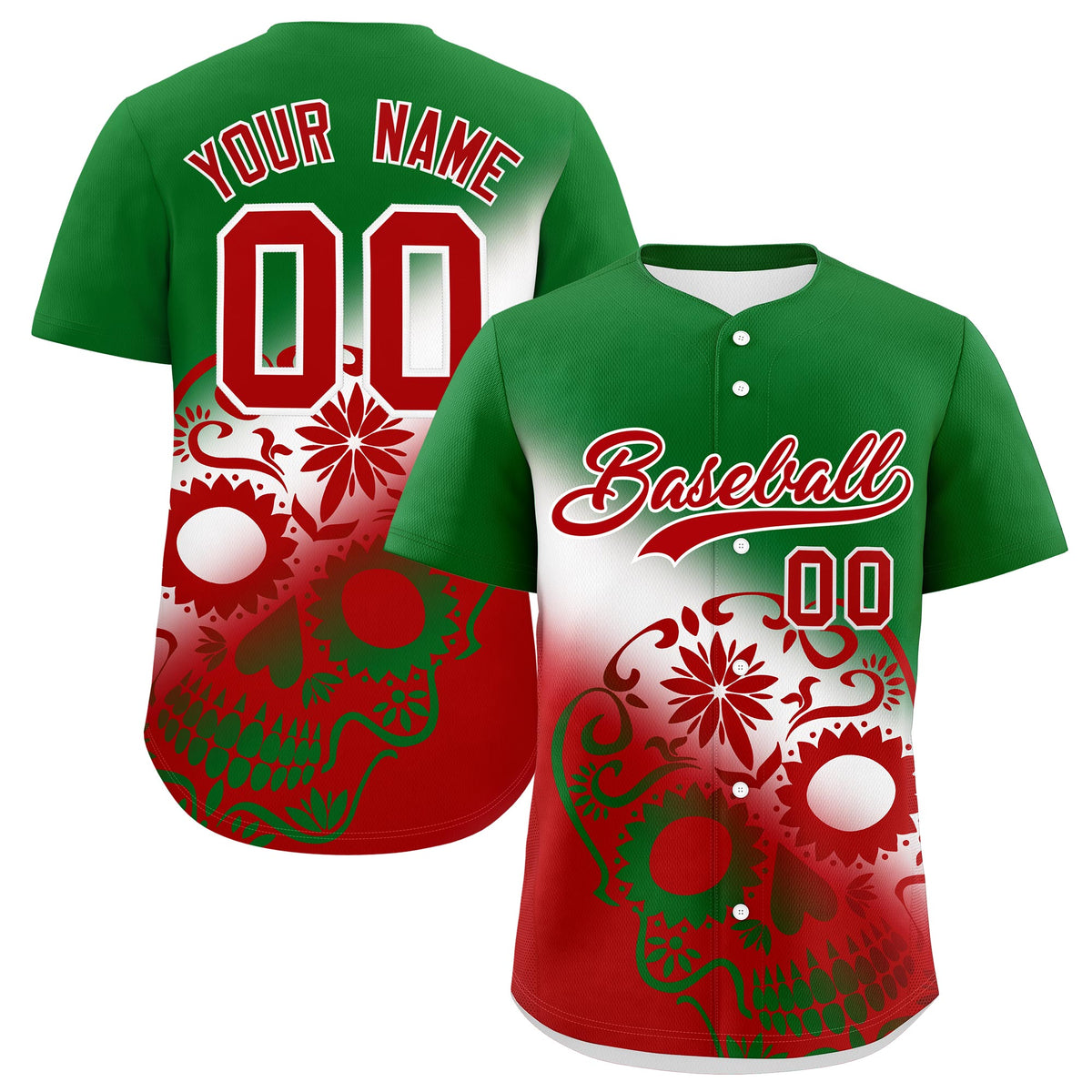 Custom Kelly Green White Red Graffiti Pattern Mexican style Stretch Fabric Baseball Jersey| KXKSHOP