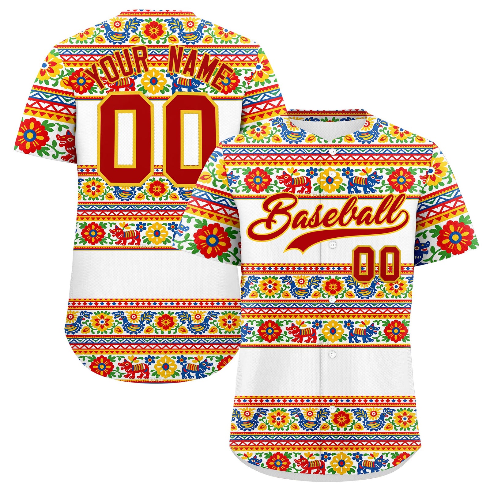 Custom White Red Gold Graffiti Pattern Mexican style Stretch Fabric Baseball Jersey| KXKSHOP