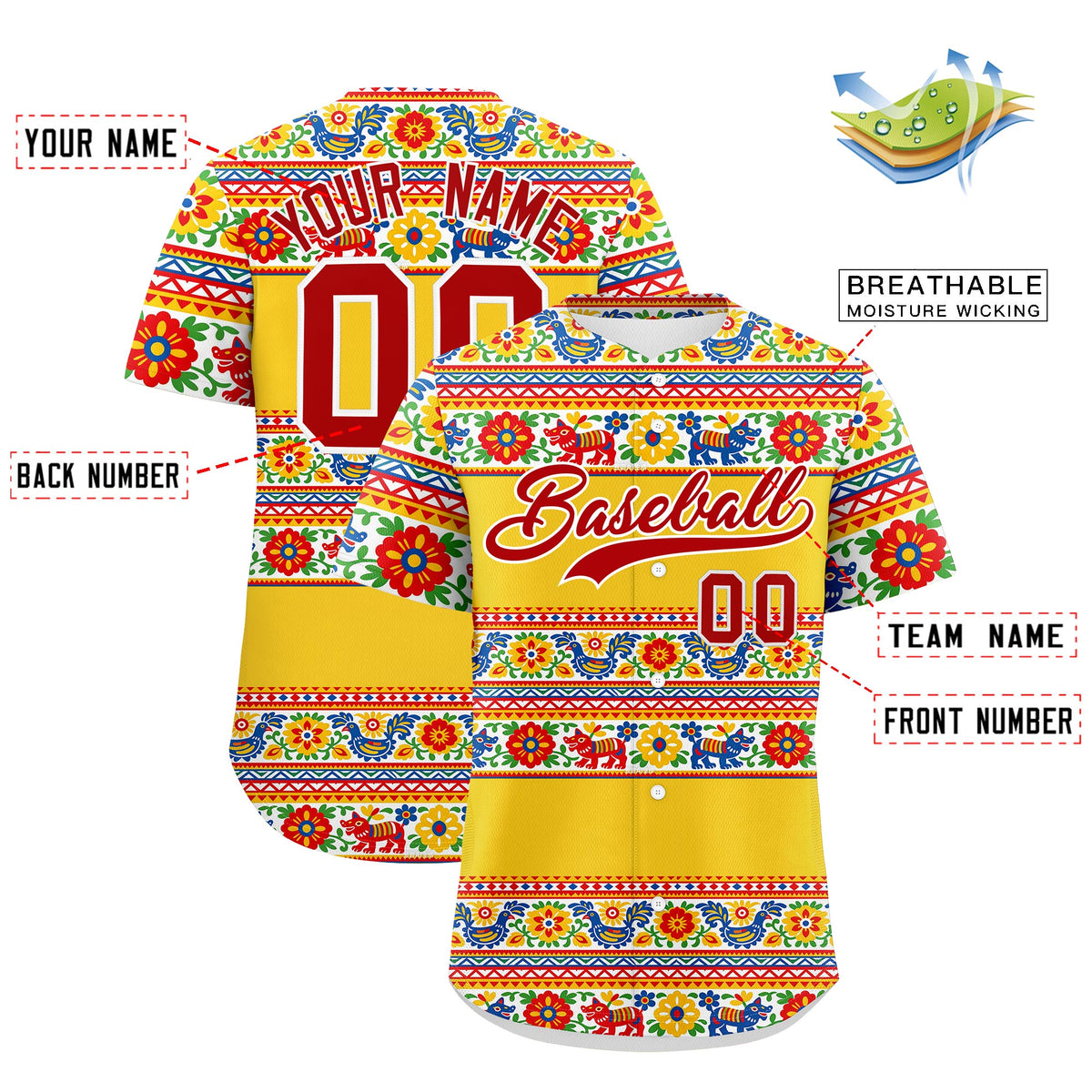 Custom Gold Red White Graffiti Pattern Mexican style Stretch Fabric Baseball Jersey| KXKSHOP