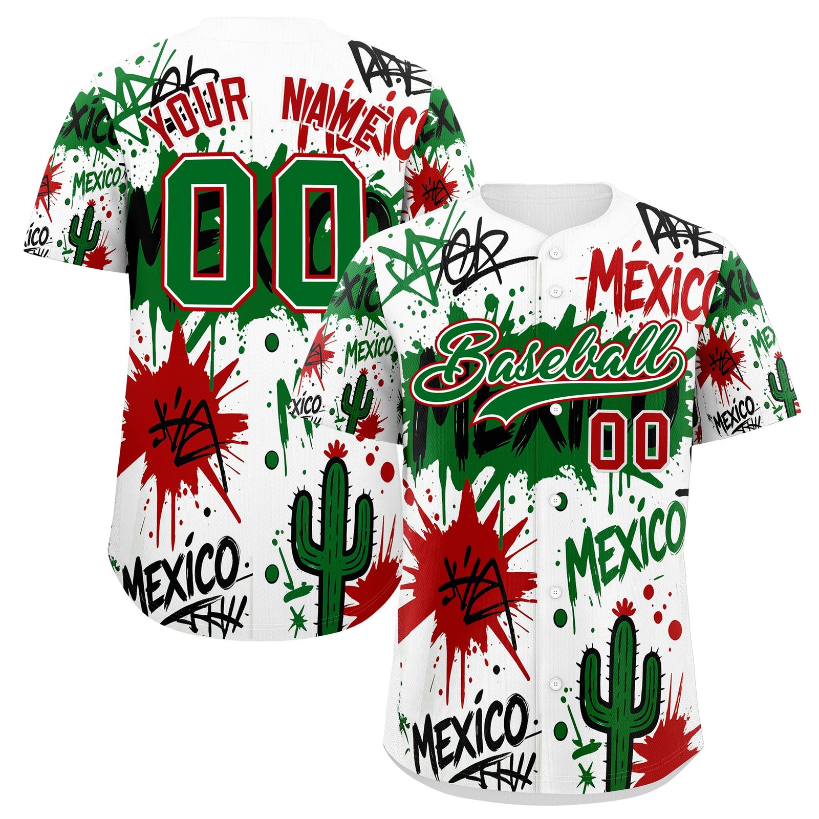 Custom White Kelly Green Red Graffiti Pattern Mexican style Stretch Fabric Baseball Jersey| KXKSHOP