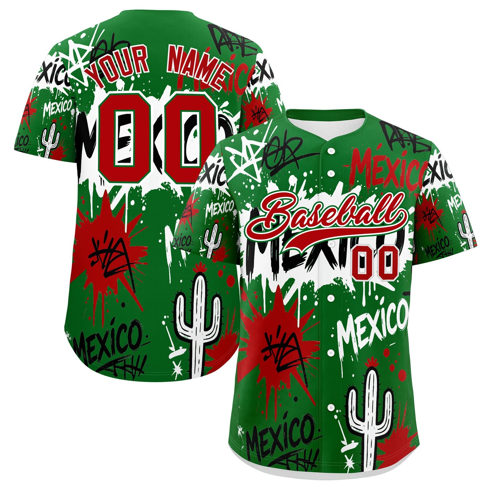 Custom Kelly Green Red White Graffiti Pattern Mexican style Stretch Fabric Baseball Jersey| KXKSHOP