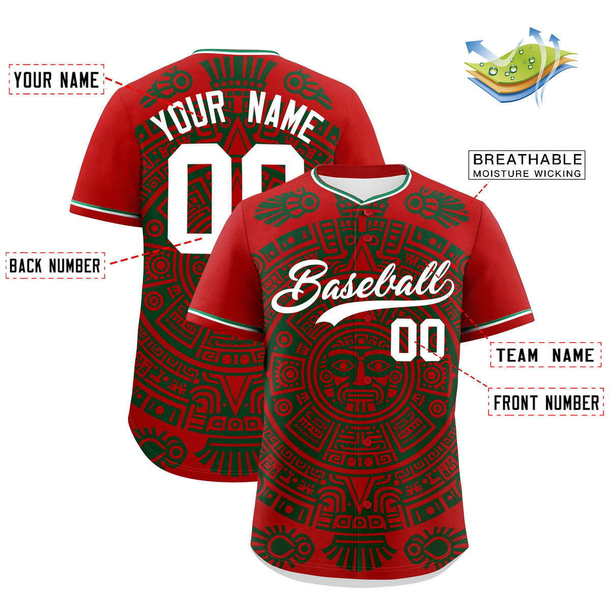 Custom Red Dark Green White Graffiti Pattern Mexican style Stretch Fabric Baseball Jersey| KXKSHOP
