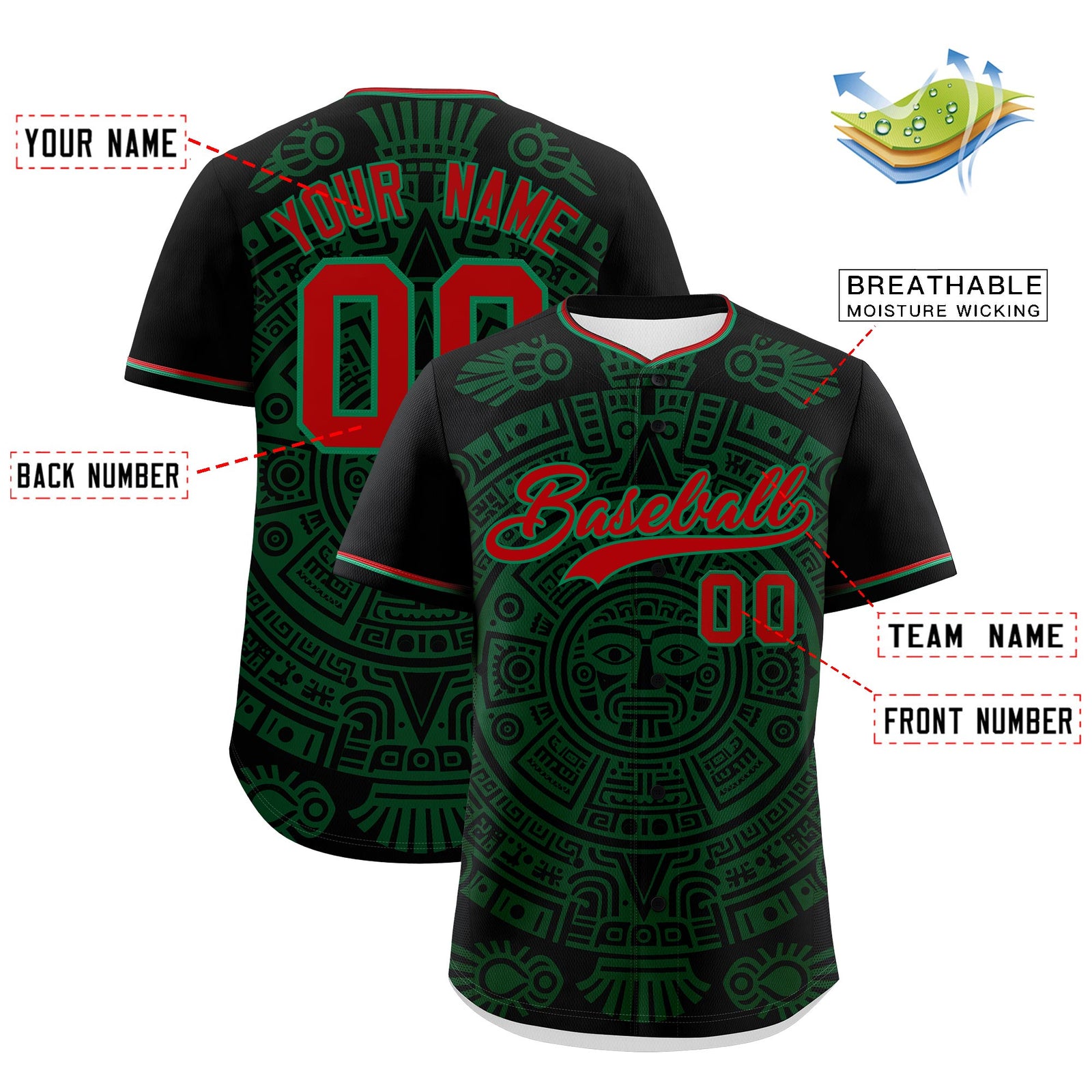Custom Black Dark Green Kelly Green Graffiti Pattern Mexican style Stretch Fabric Baseball Jersey| KXKSHOP
