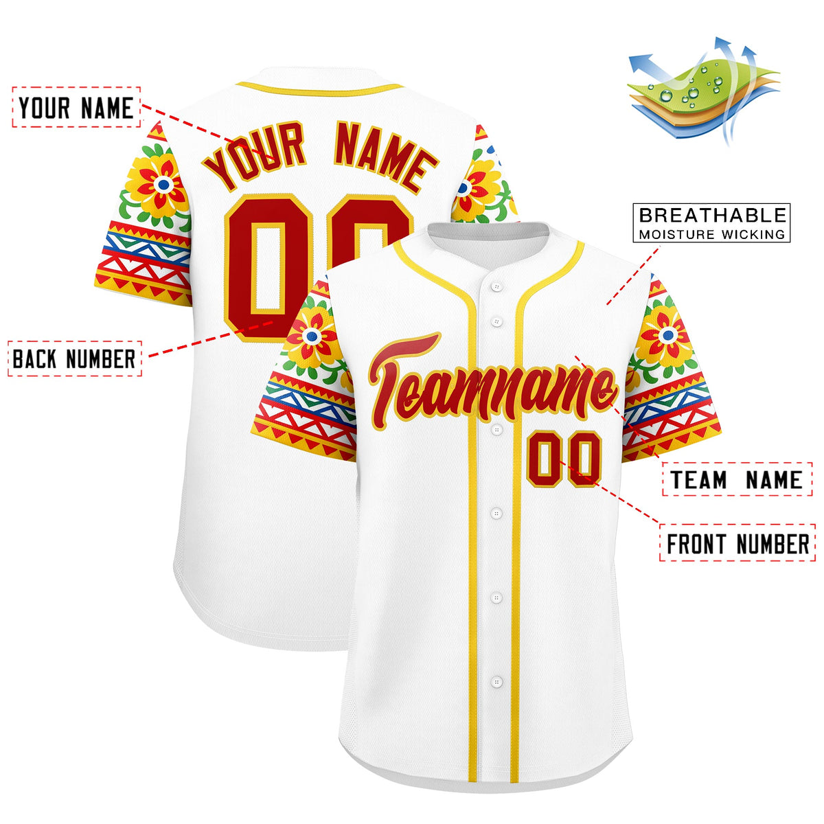 Custom White Red Gold Graffiti Pattern Mexican style Stretch Fabric Baseball Jersey| KXKSHOP