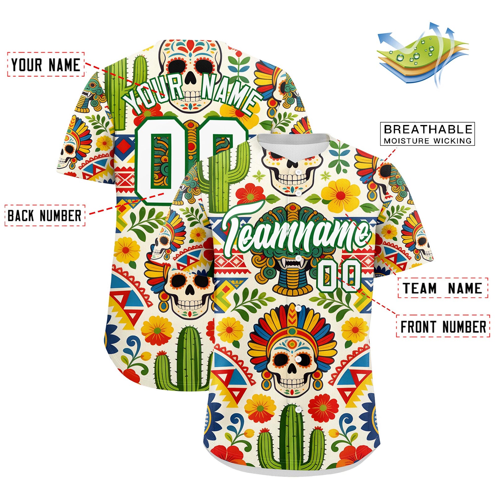 Custom White Kelly Green Graffiti Pattern Mexican style Stretch Fabric Baseball Jersey| KXKSHOP