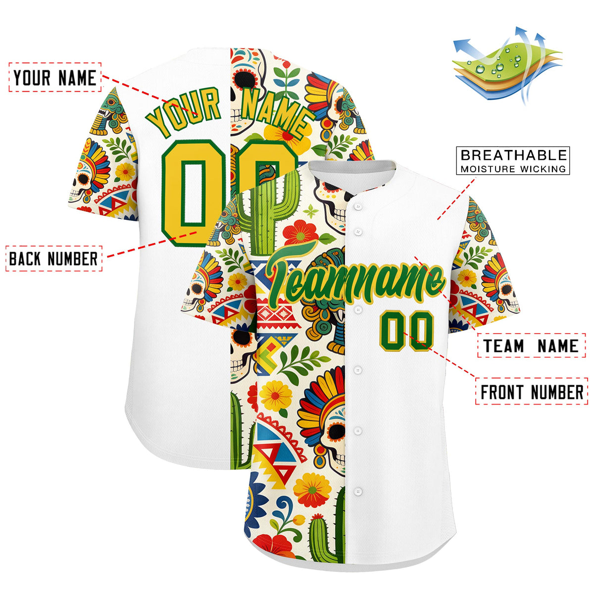 Custom White Kelly Green Gold Graffiti Pattern Mexican style Stretch Fabric Baseball Jersey| KXKSHOP