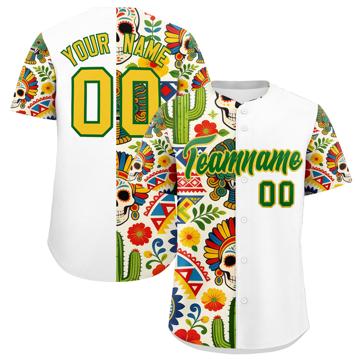 Custom White Kelly Green Gold Graffiti Pattern Mexican style Stretch Fabric Baseball Jersey| KXKSHOP