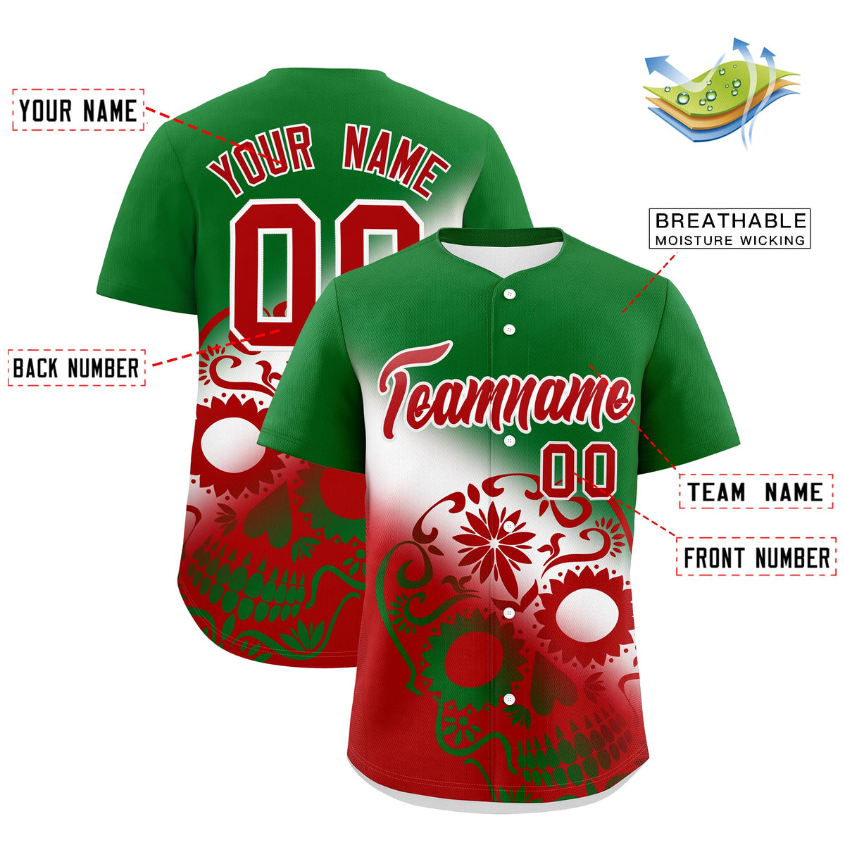 Custom Kelly Green White Red Graffiti Pattern Mexican style Stretch Fabric Baseball Jersey| KXKSHOP